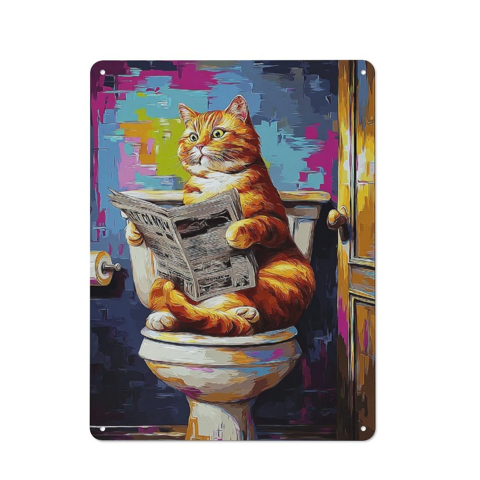 Junmoney Cat On Toilet Reading Newspaper -6 Metal Plaque With Design 40X30cm, Cosy Diner Style Decor For Coffee Bar, Kitchen, Bistro Or Tea Corner