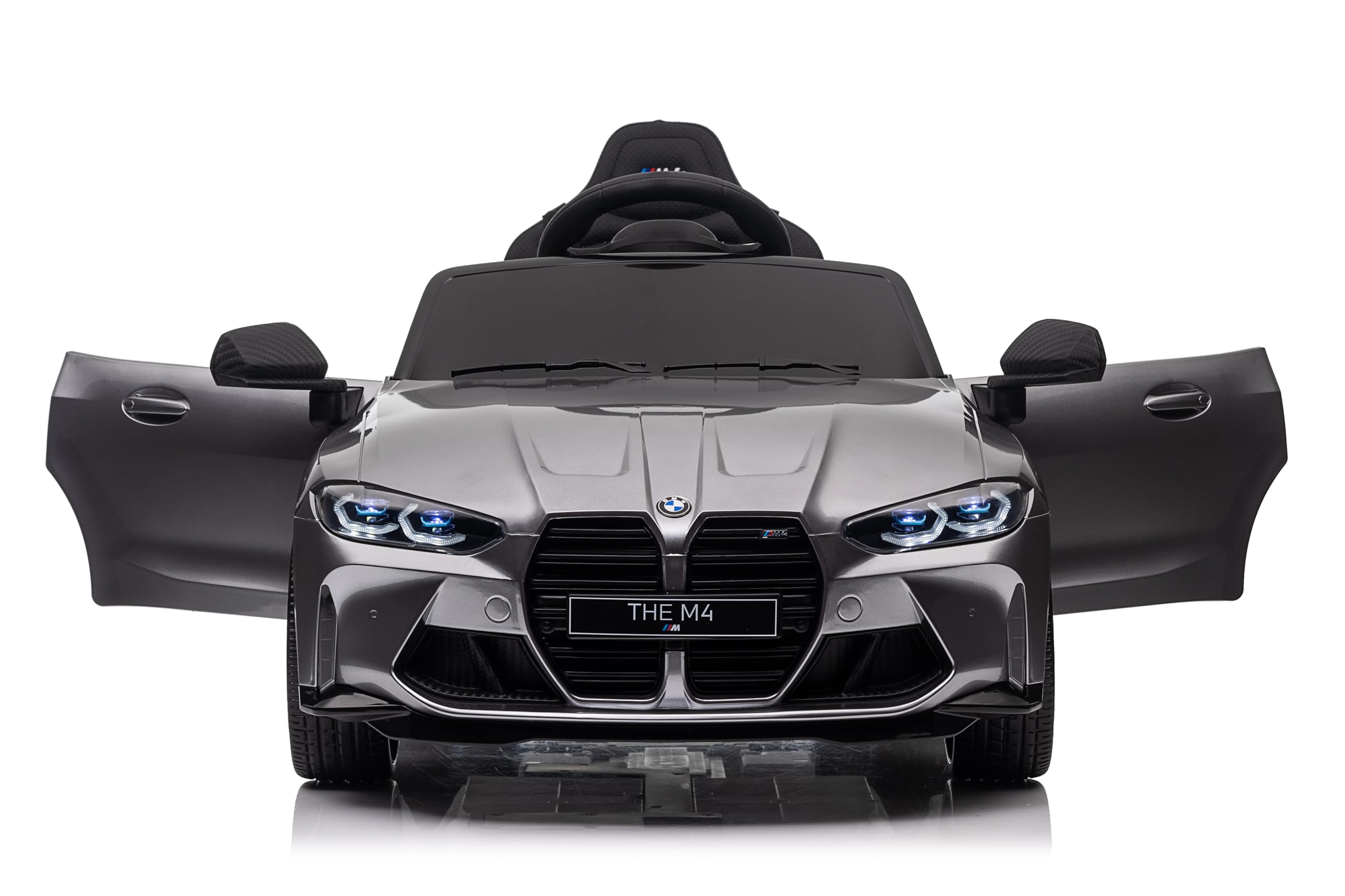 FINOOS Macchina Elettrica per Bambini B.M.W M4 12v Full Optional con Sedile in Pelle - Auto Elettrica per Bambini con Telecomando (Grigio)