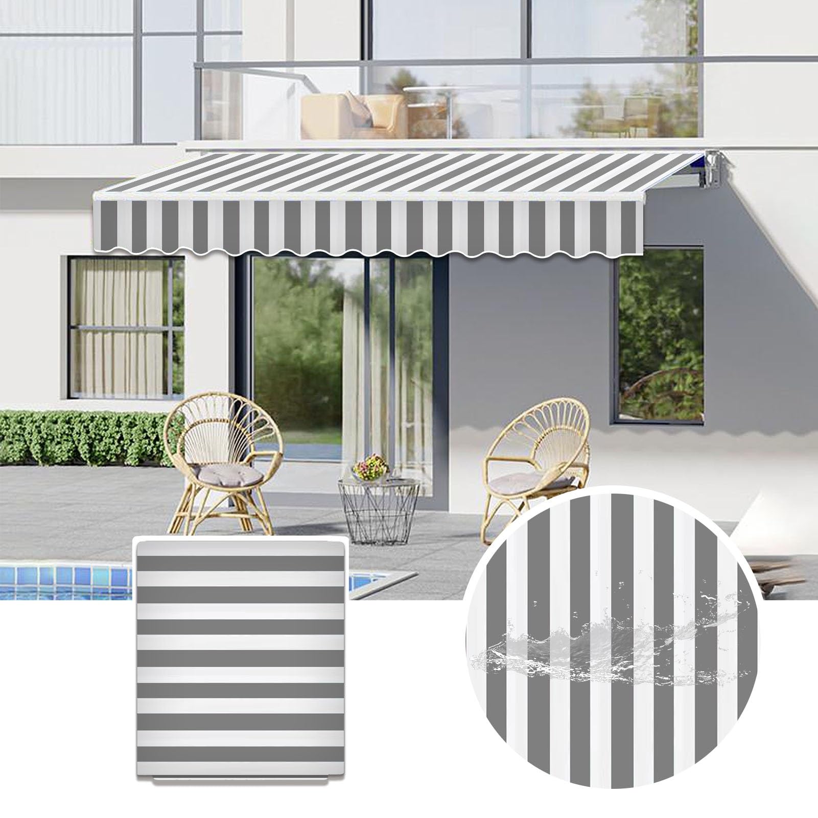 Commercial Patio Awning Top Replacement Fabric| 100% Polyester Sunshade Shelter with UV & Water-Resistant Fabric for Deck, Balcony, Yard, Coffee,Customizable(Gray White Stripes,11x6.5ft)