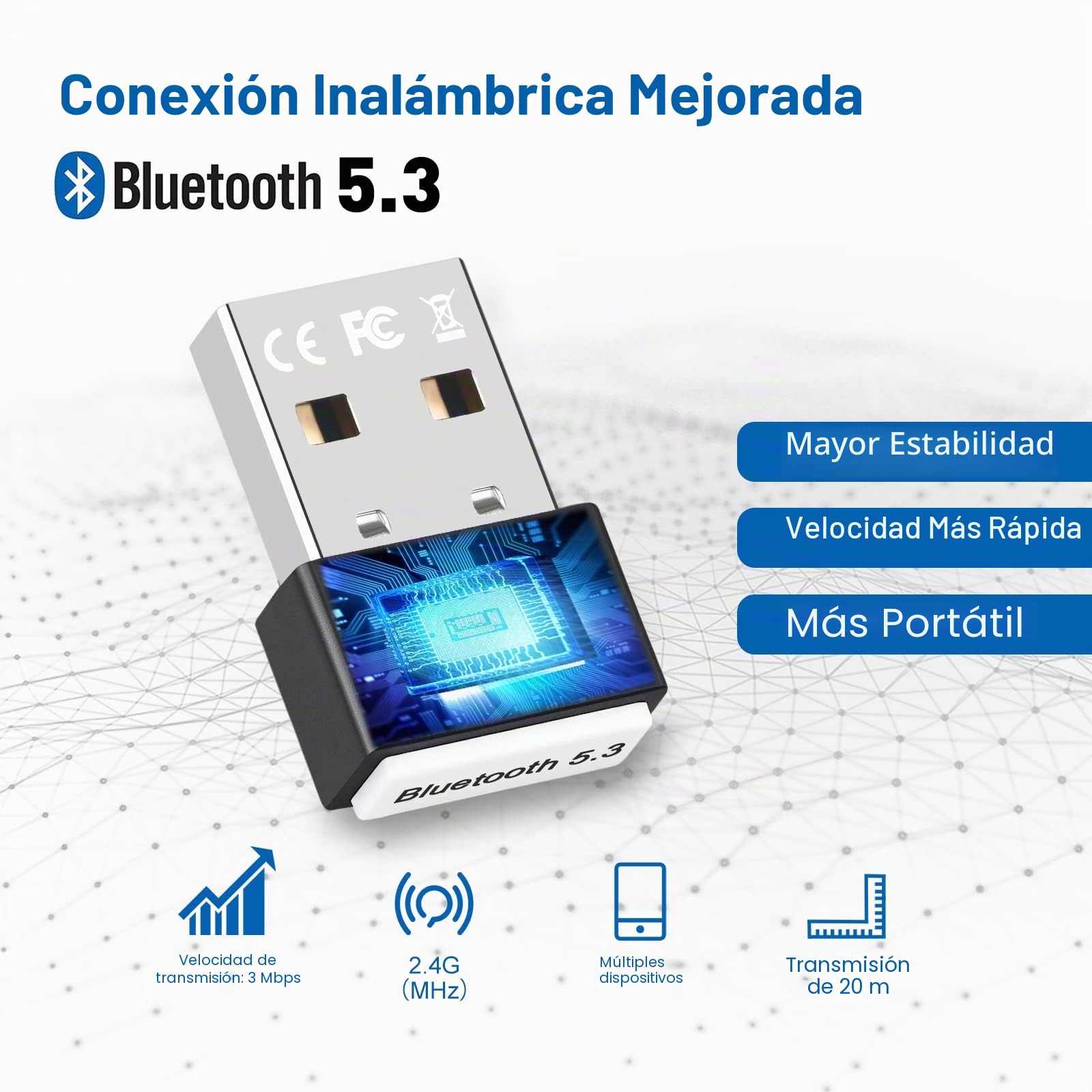USB Bluetooth 5.3 Adaptador - Adaptador Bluetooth para PC Plug & Play, Dongle USB para Portátil, Auriculares, Teclado, Ratón, Compatible con Windows 11/10/8.1/7