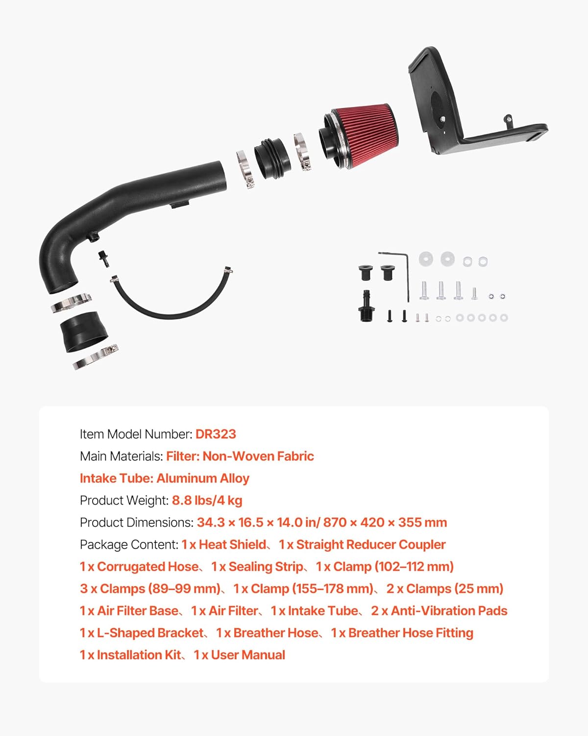 VEVOR Cold Air Intake, 3.5 Inch Cold Air Intake System + Heat Shield Compatible with 2009-2013 Chevy Silverado/GMC Sierra 1500 4.8L/5.3L/6.2L, High Flow Filter Kit Improve Horsepower/Throttle Response