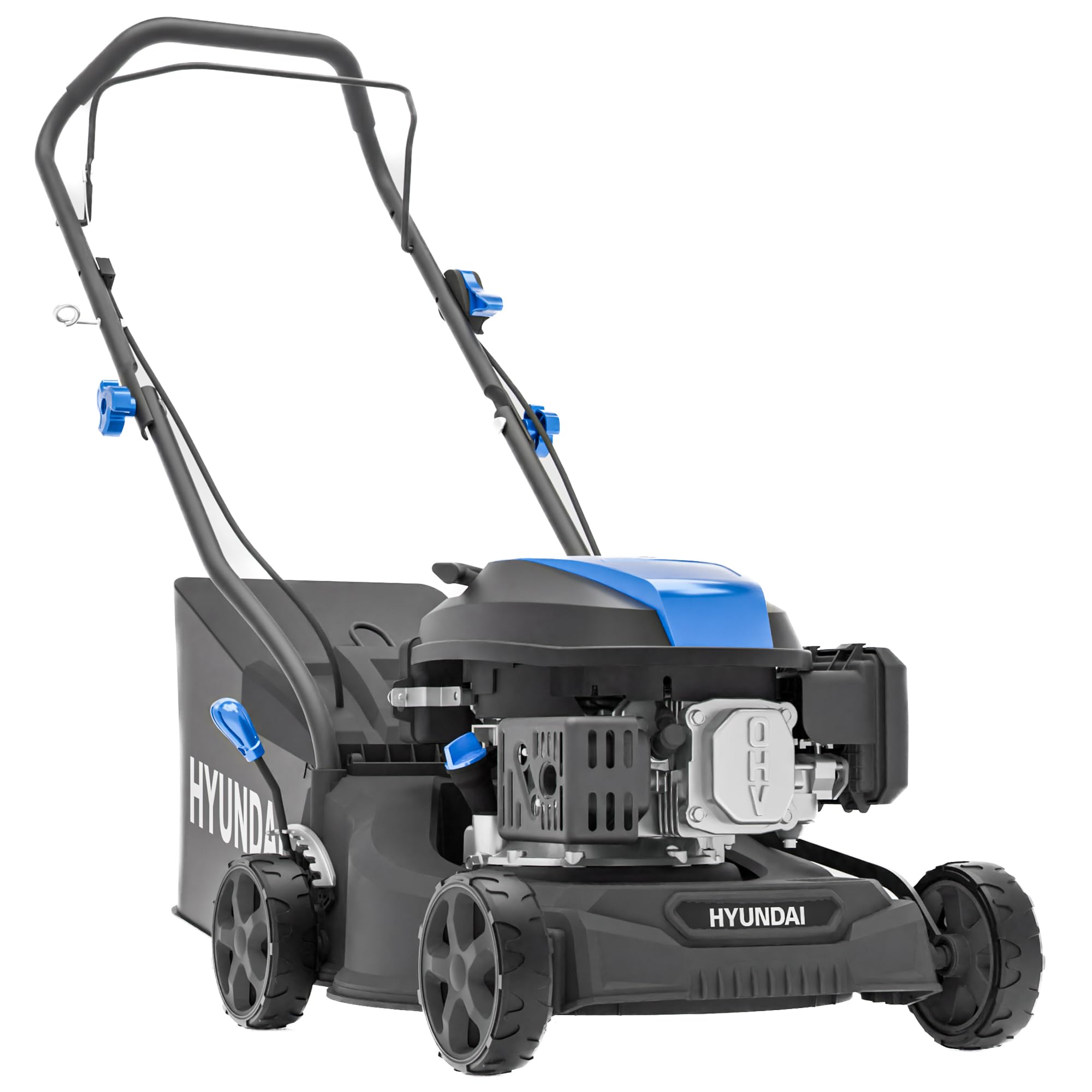 Hyundai Cortacésped de Gasolina, 16 Pulgadas de Ancho de Corte de 39 cm, Motor de 131 CC, Bolsa de Recogida de 35 L y Descarga Trasera, Empuje Manual, edición Negra