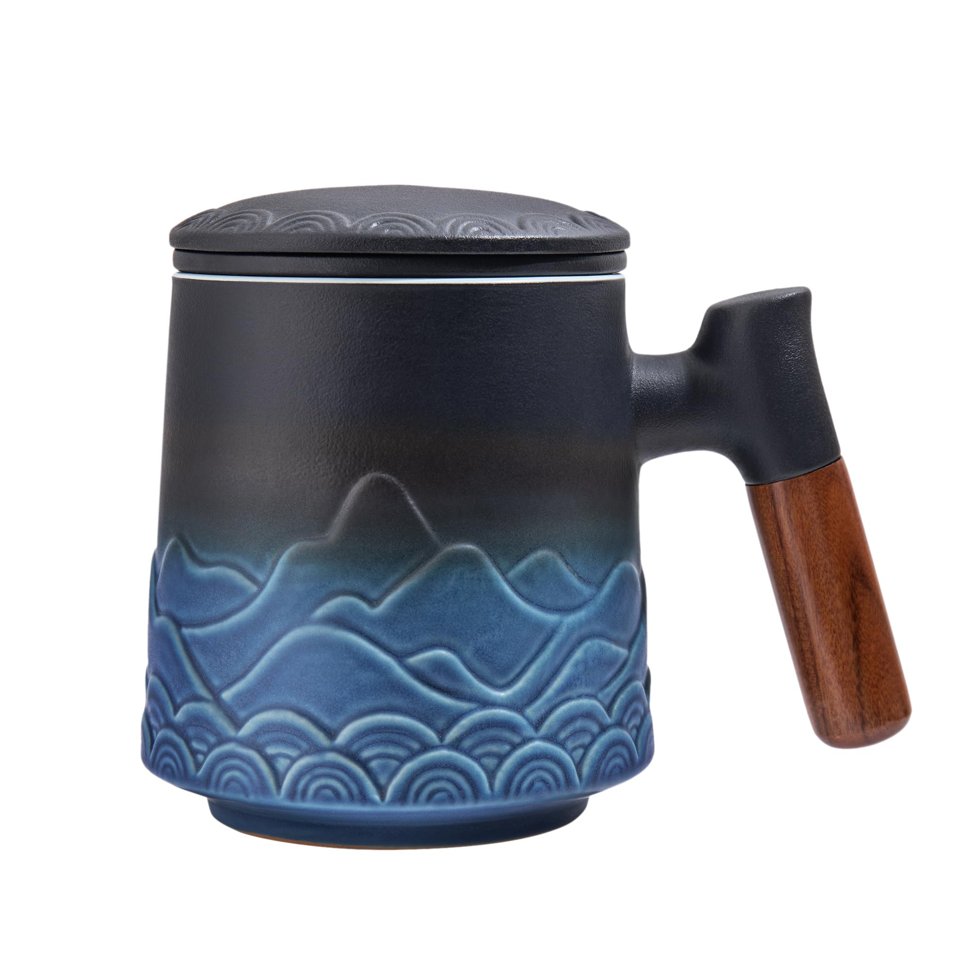 Taza Infusiones con Tapa y Filtro, Tazas de Te 500ml Grande Ceramica Artesanal, con Asa, Regalo para los Amantes del Té, Azul