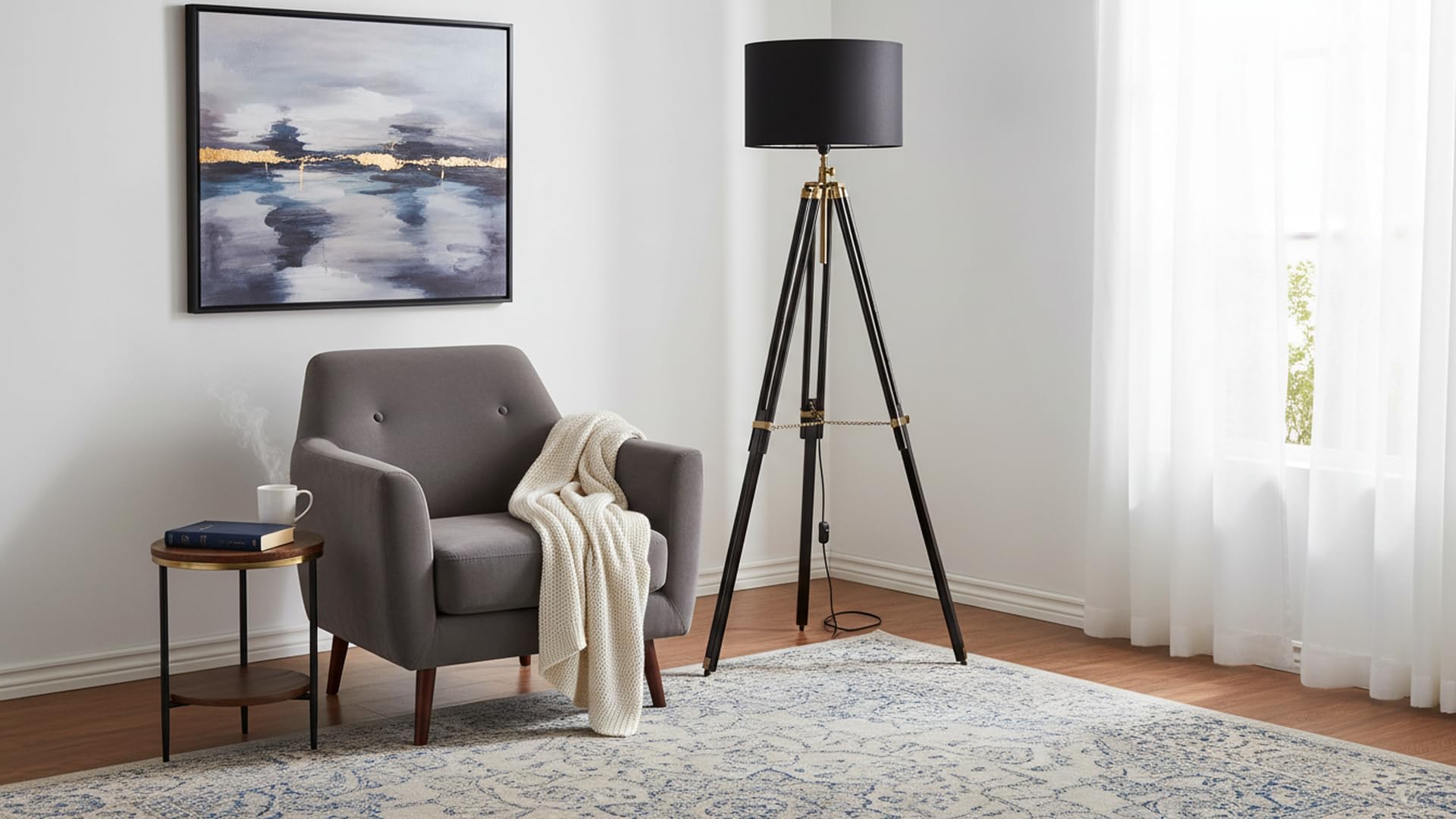 Lampadaires sur trépied pour salon, milieu du siècle moderne pour chambre à coucher, design réglable, lampe pour bureau avec finition noire