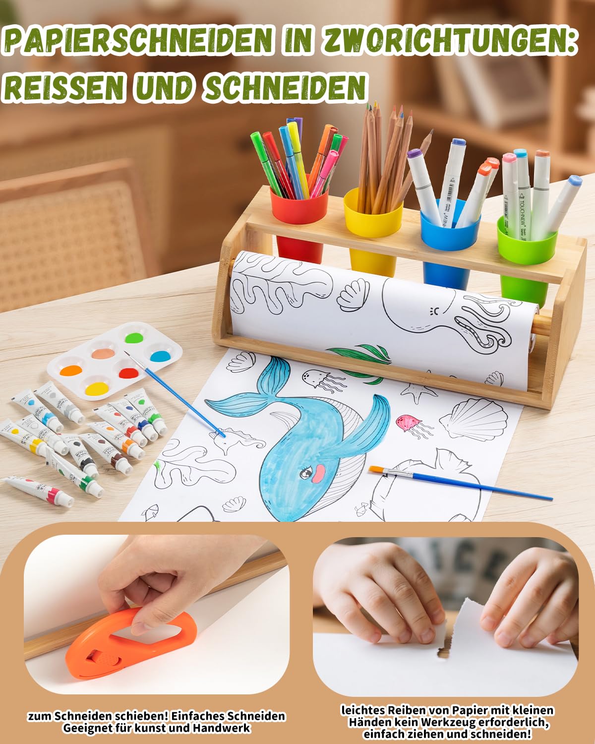 Holz Papierrollenhalter – 35-teiliges Malset mit Malrolle für Kinder, Papierrolle malen Kinder, Farben & Pinseln – Fördert die Selbstständigkeit des Kindes in der Schule und zu Hause