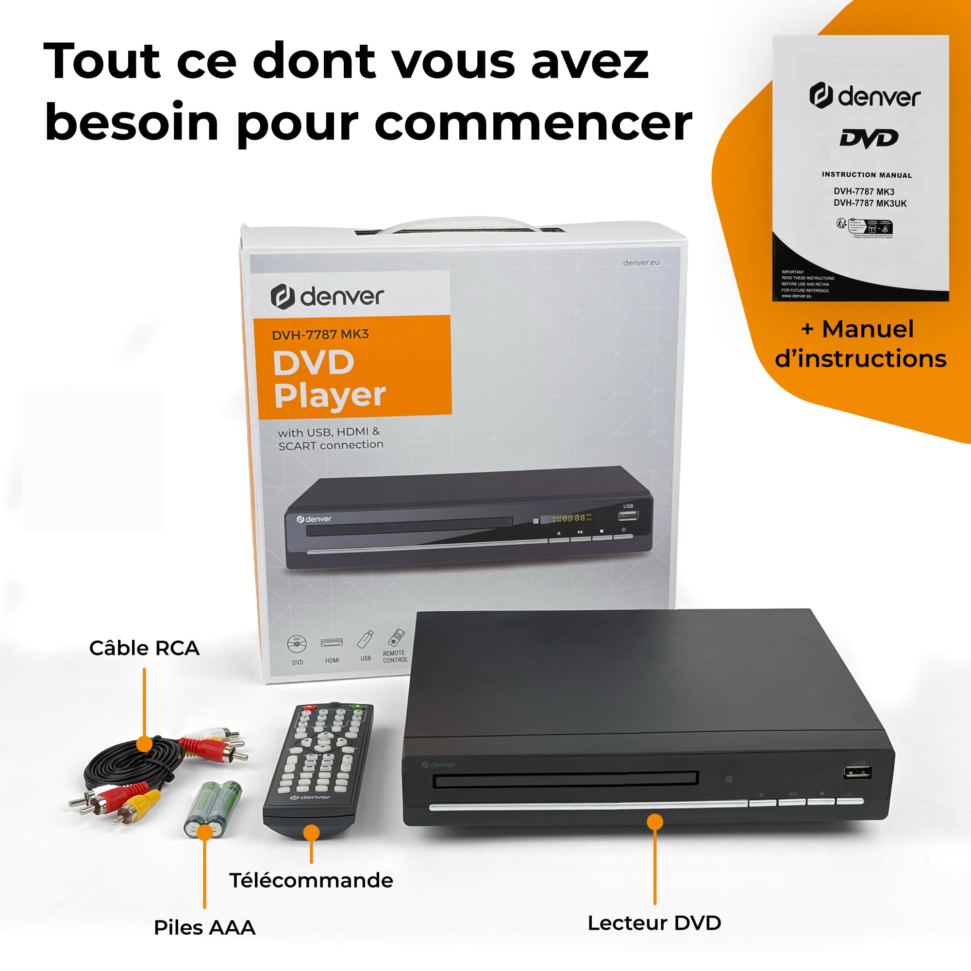 Denver DVH-7787MK3 Lecteur DVD HDMI 1080p, USB, SCART, coaxial, Multi-région, Lecture DVD/CD/MP3/JPEG, Noir