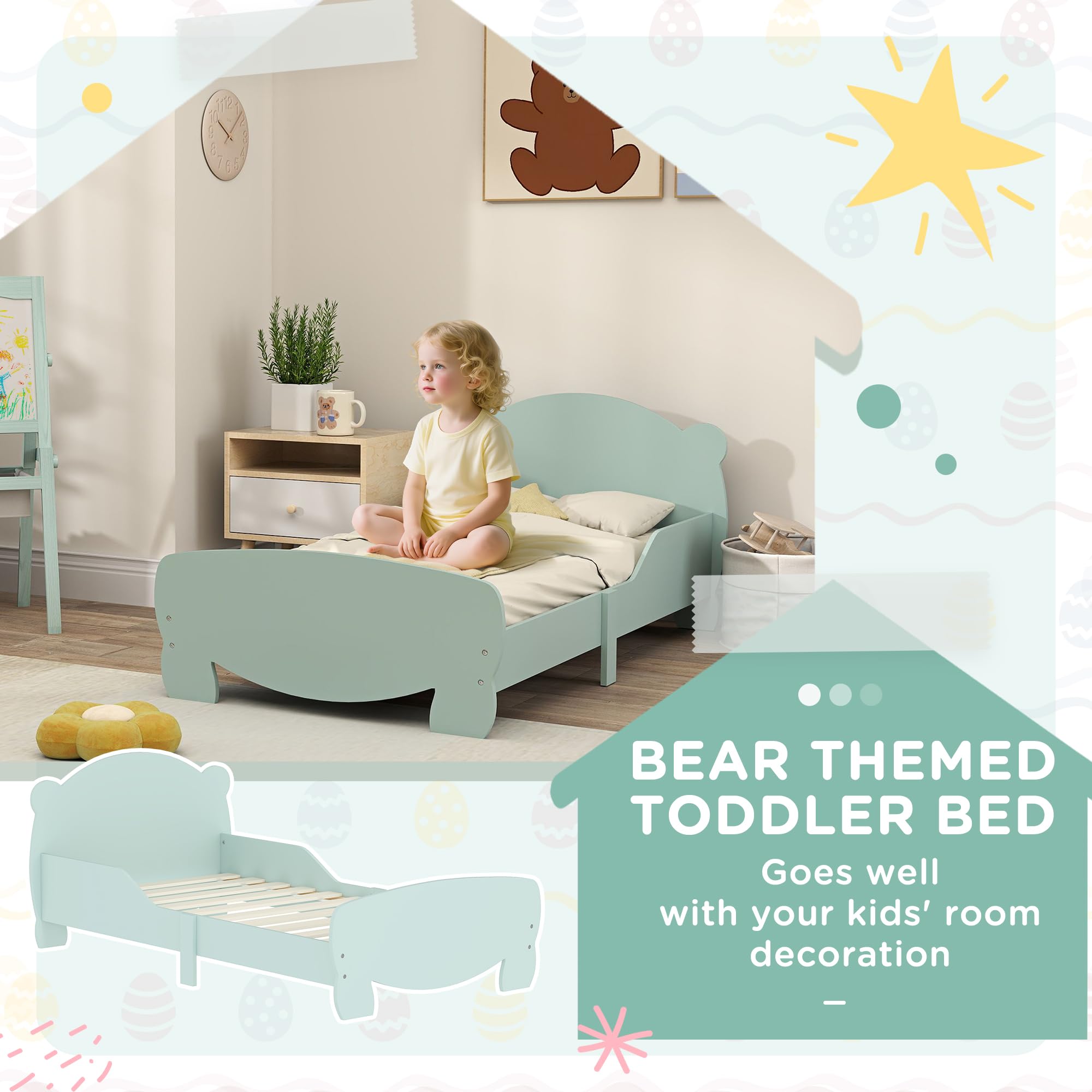 Lit Montessori pour Enfants 3-6 Ans 140x70 cm avec Côtés Anti-Chute et Sommier à Lattes Bois Vert