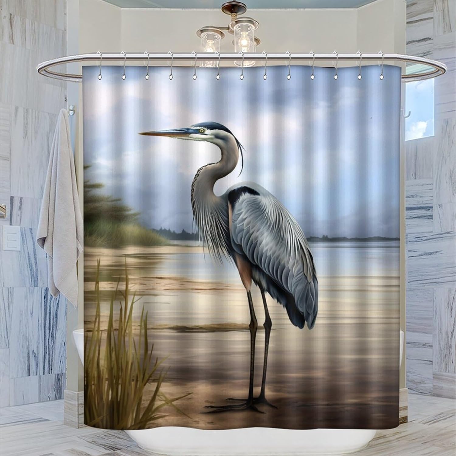 Beach Blue Heron Shower Curtain, Rustic Ocean Coastal Bird Waterproof Bath Curtains, Polyester Fabric Bathtub Curtain for Bathroom Decor 66x72Inch(168x183cm)