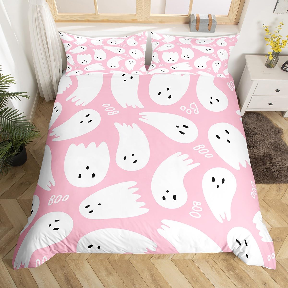 Manfei Halloween Duvet Cover Set King Size, Funny Ghost Print Comforter Cover with 2 Pillowcases, Girly Pink Halloween Theme Bedding Set 3pcs for Kids Girls Bedroom Decor Lightweight Bedspread Cover
