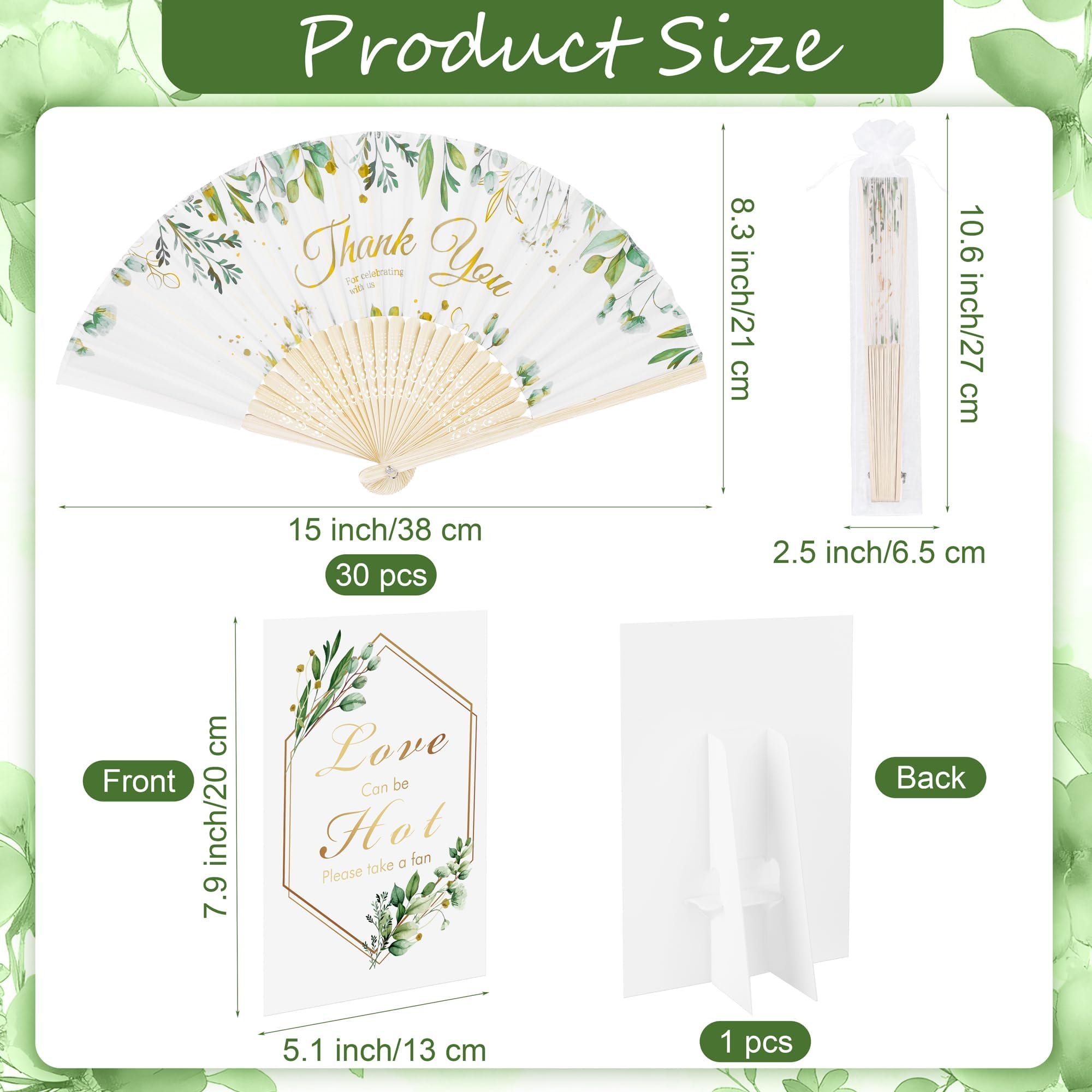 Aneco 30 Sets grüne Blätter Hochzeit Faltfächer Bambus Handfächer mit Organzabeuteln Tischschild Dankeschön Vintage Seide Handfächer für Brautdusche Hochzeit Party Dekorationen