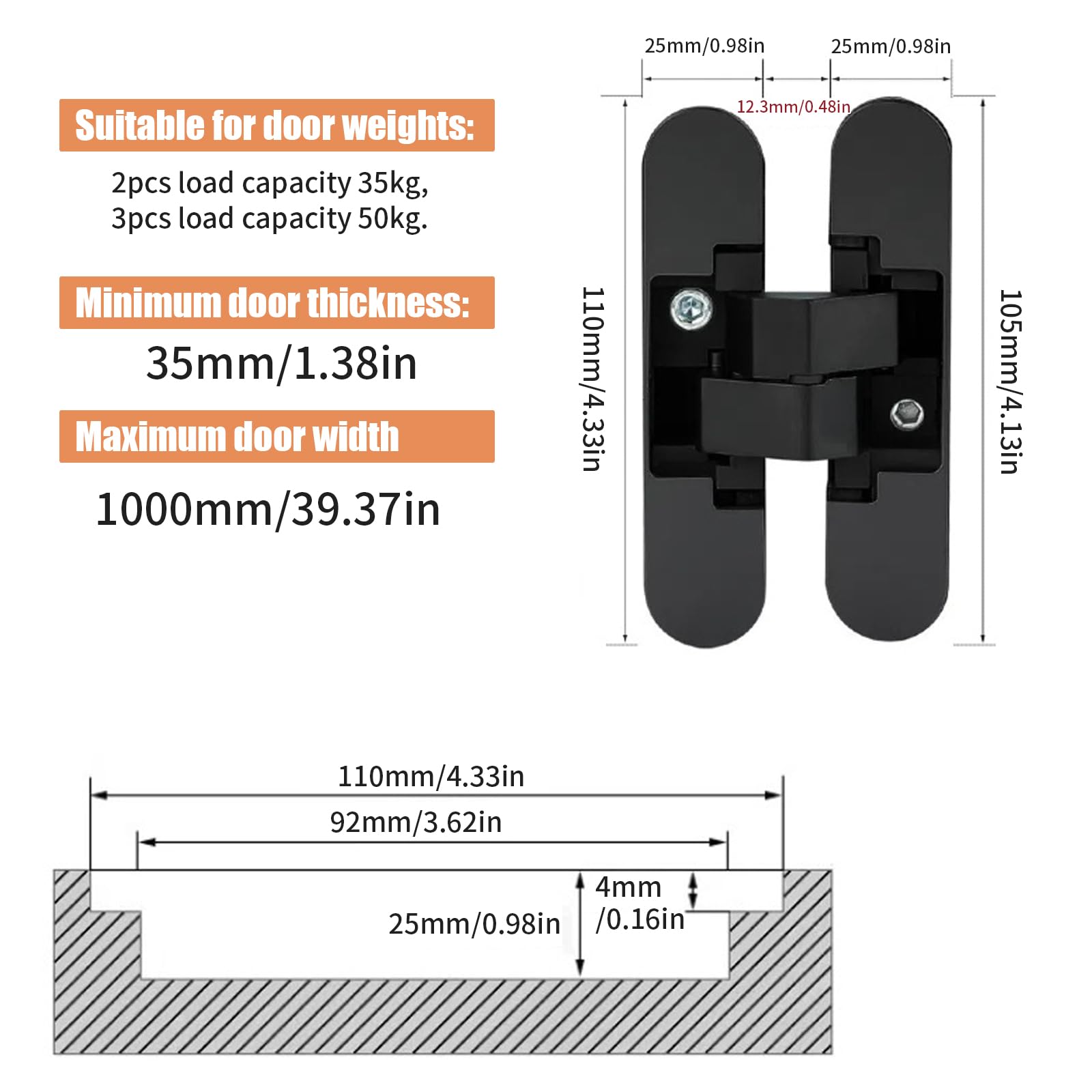 Lot de 2 charnières de porte cachées, pivotantes à 180 °, noires, 3 positions de réglage, pour porte invisible et silencieuse, noir, 110 x 25 mm