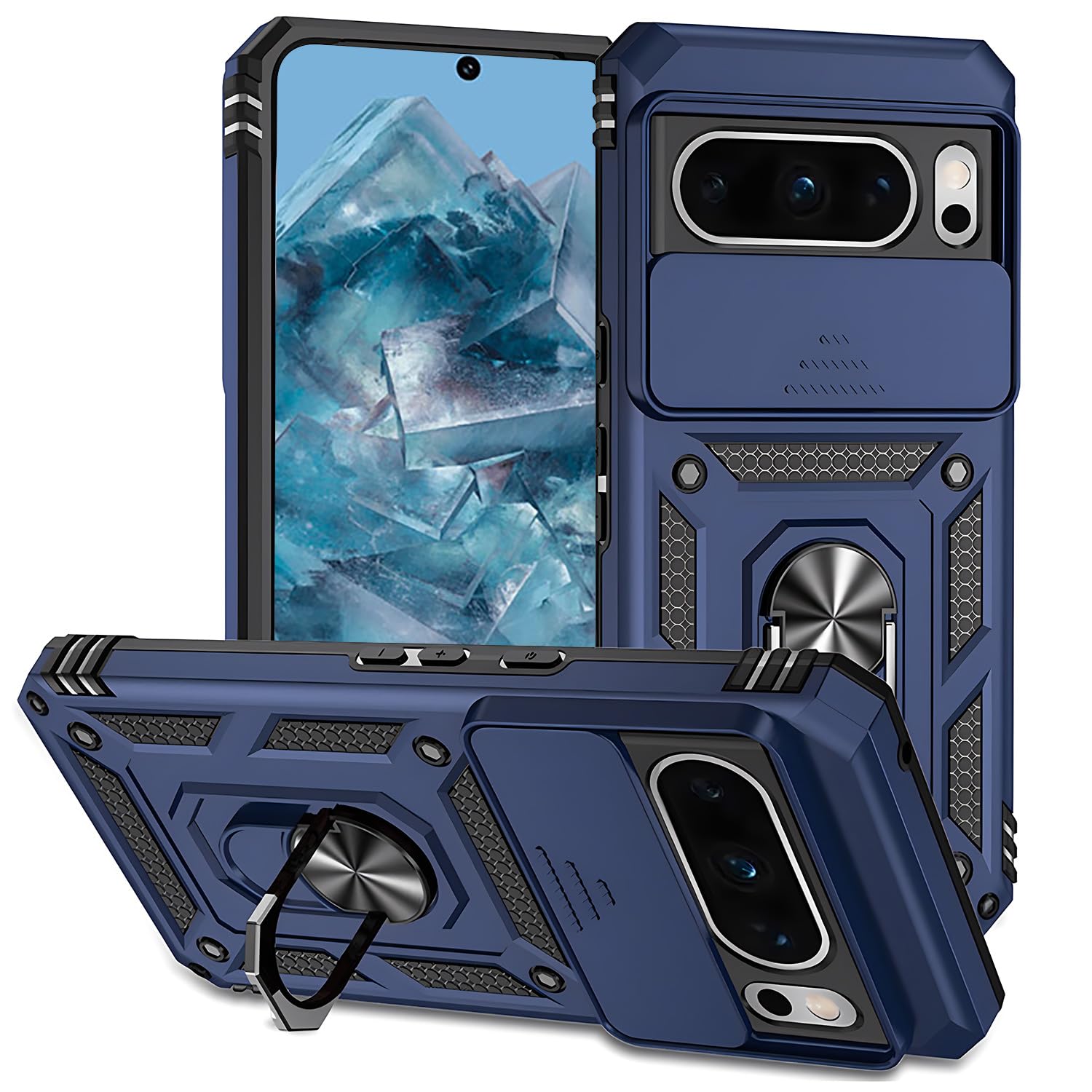 T Tersely for Google pixel 8 pro case - Shockproof Cases - Anti-Fall Drop Protection - Built-in Slide Anti-Scratch Camera Lens Cover - Integrated 360 Degree Rotating Ring Kickstand (Blue)