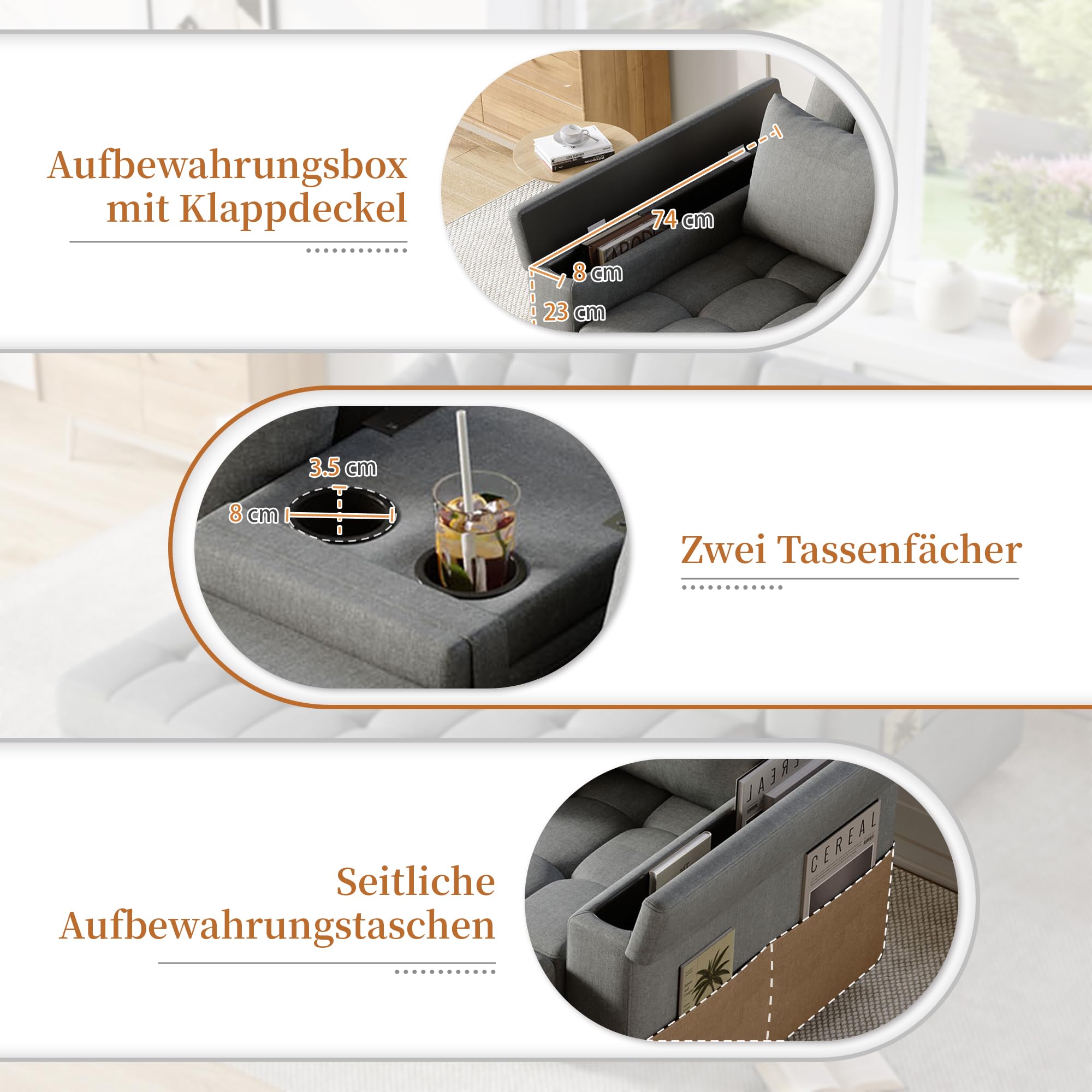 Merax Schlafsofa 2-Sitzer Sofa mit Schlaffunktion, Modernes Klappsofa 3-in-1 Schlafcouch mit Verstellbarer Rückenlehne, Armlehnen-Staufächern, Getränkehalter und Seitentaschen, Grau