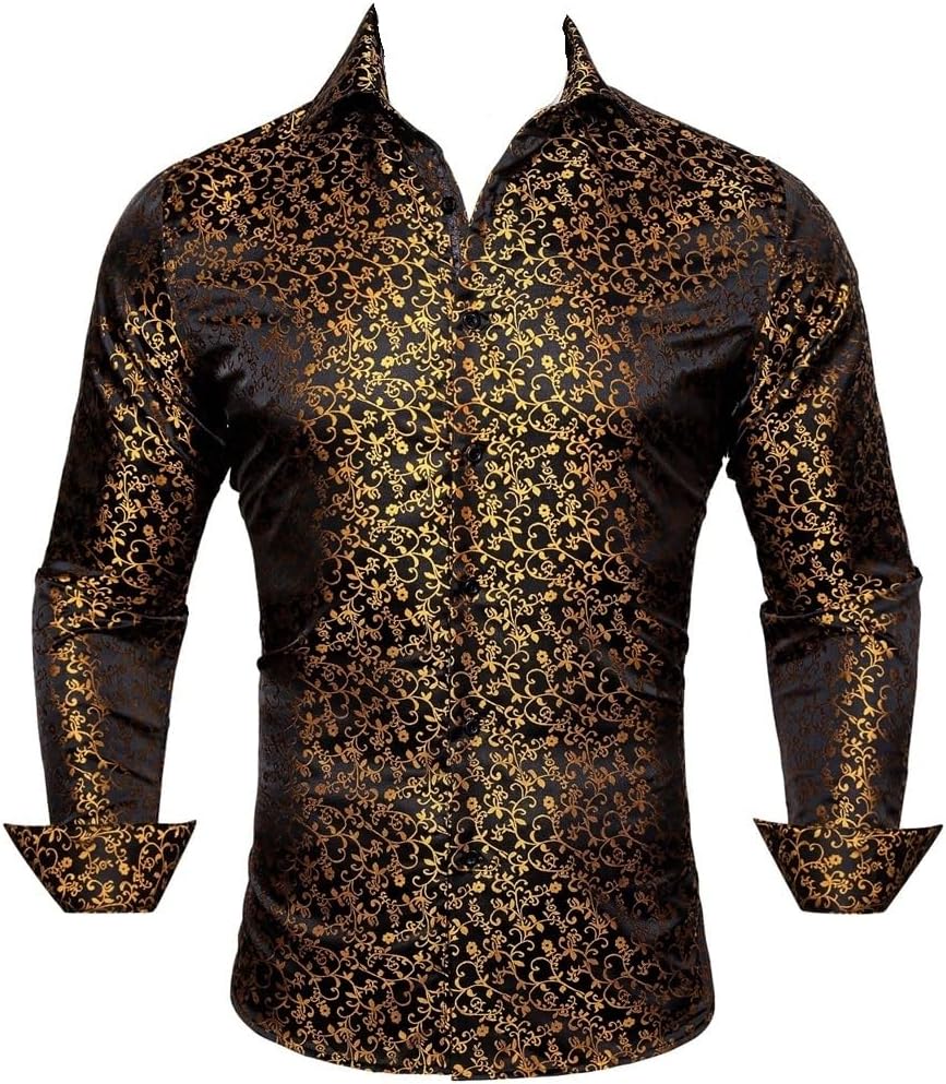 Shirts for Men Golden Lapel Long Sleeve Silk Fashion Four Seasons Fit Business Party