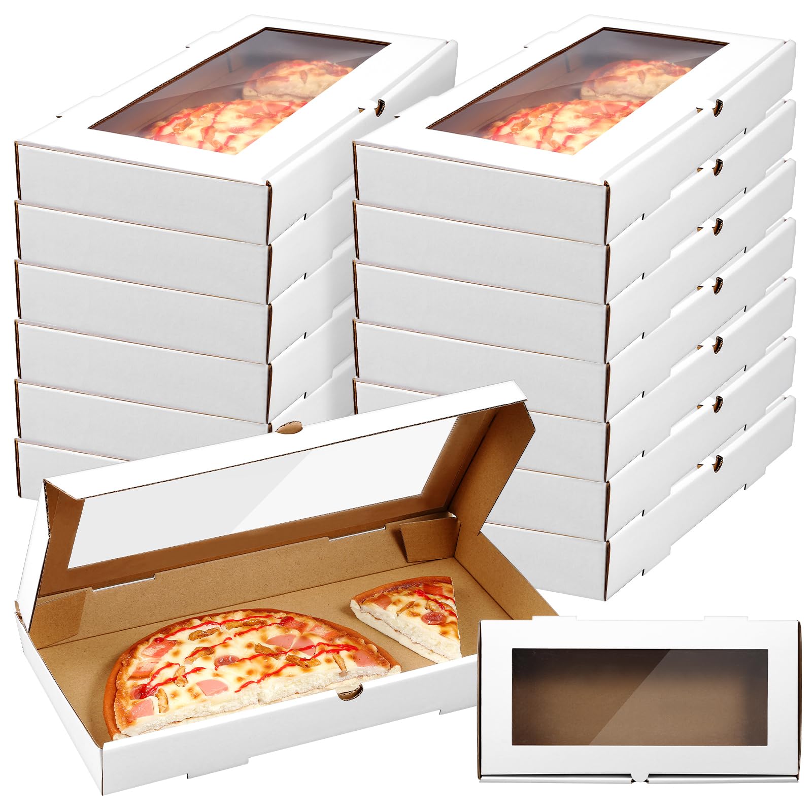 Tioncy 24 Pcs Pizza Boxes 14'' x 7'' x 1.5'' White Flatbread Box Corrugated Rectangular Take out Baking Containers with Clear Window Lid Pull Ring