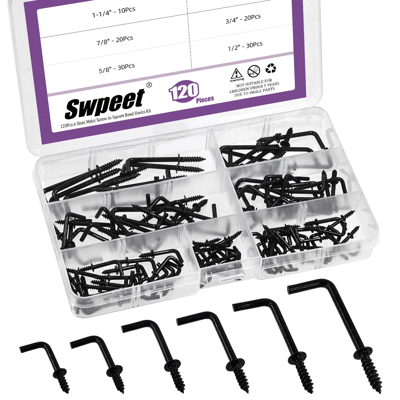 Swpeet Kit di 120 ganci quadrati in acciaio al carbonio nero, 6 misure, viti autofilettanti a forma di L, ganci ad angolo retto per casa, posto di lavoro, ufficio