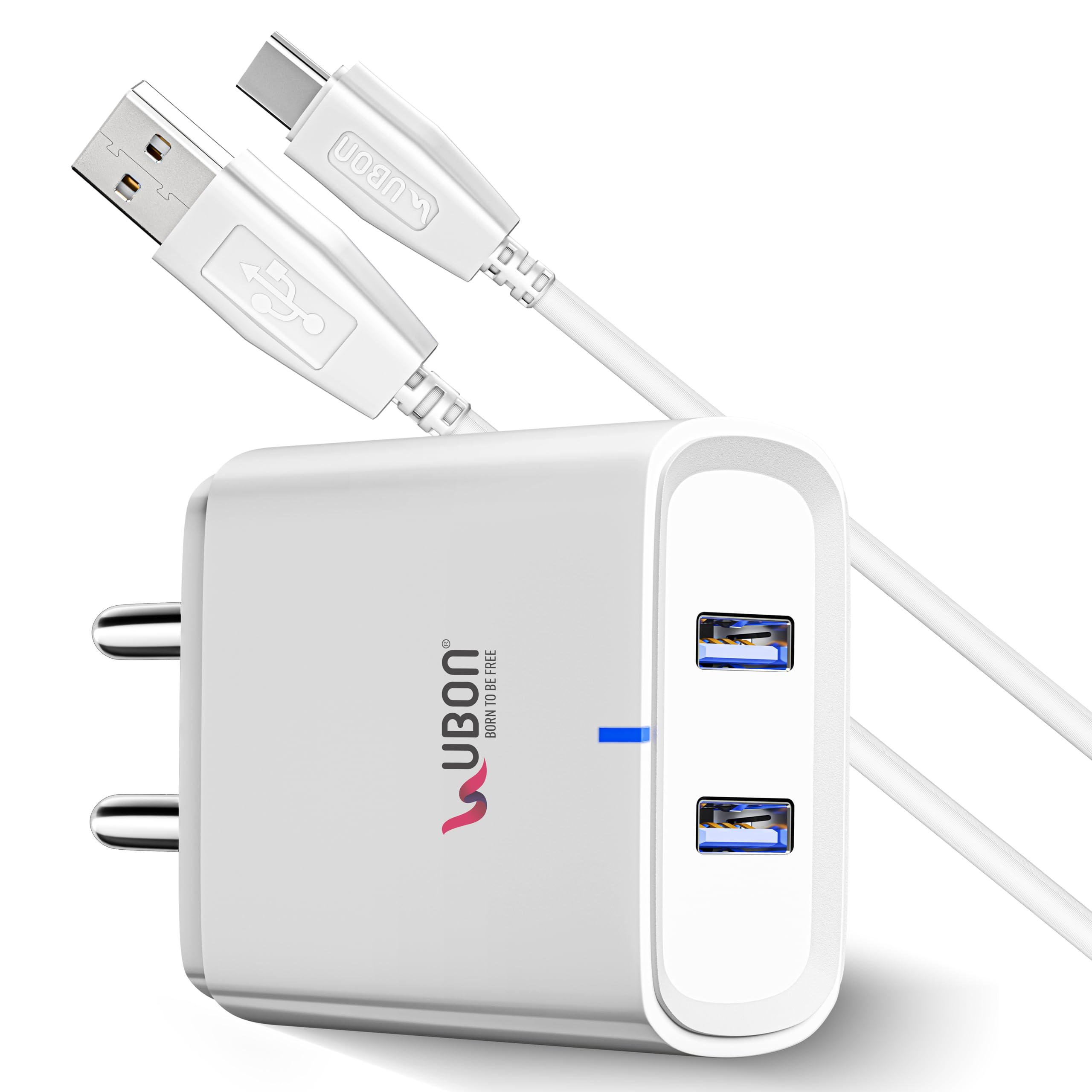 UBON 15W CH-586 Dual USB Port 2.4 Amp Wall Charger Fast Charging Adapter with Type-C Cable for Smartphone & Tablets, BIS Certified, Smart Protection for Short Circuit & Overheating- White-image-6