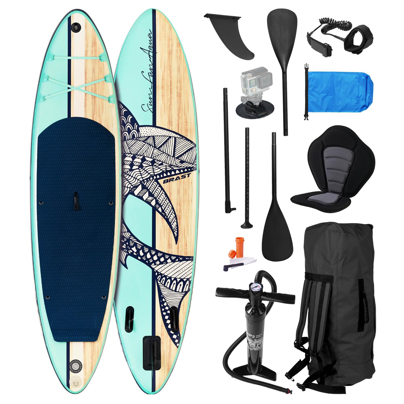 BRAST SUP Board Shark | Aufblasbares Stand up Paddle Set | 320x81x15cm | 8 Designs | 5 Jahre Garantie | inkl. Sonderzubehör | 2in1 Paddel Kajak-Sitz Action-Cam-Halterung Fußschlaufe Pumpe Rucksack