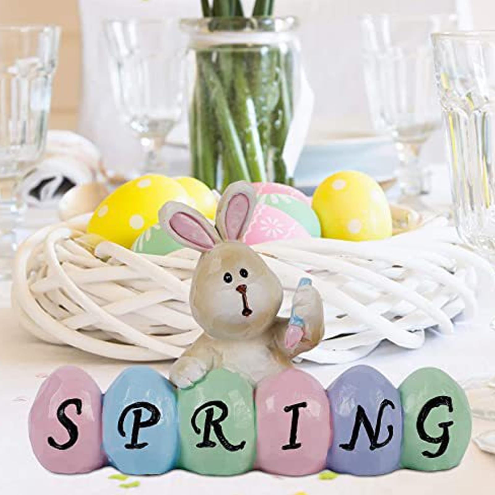 soulnioi Bunny and Egg Figurine Centerpiece Decoration Easter Tabletop Decoration for Easter Spring Decoration SPRING B - Image 2