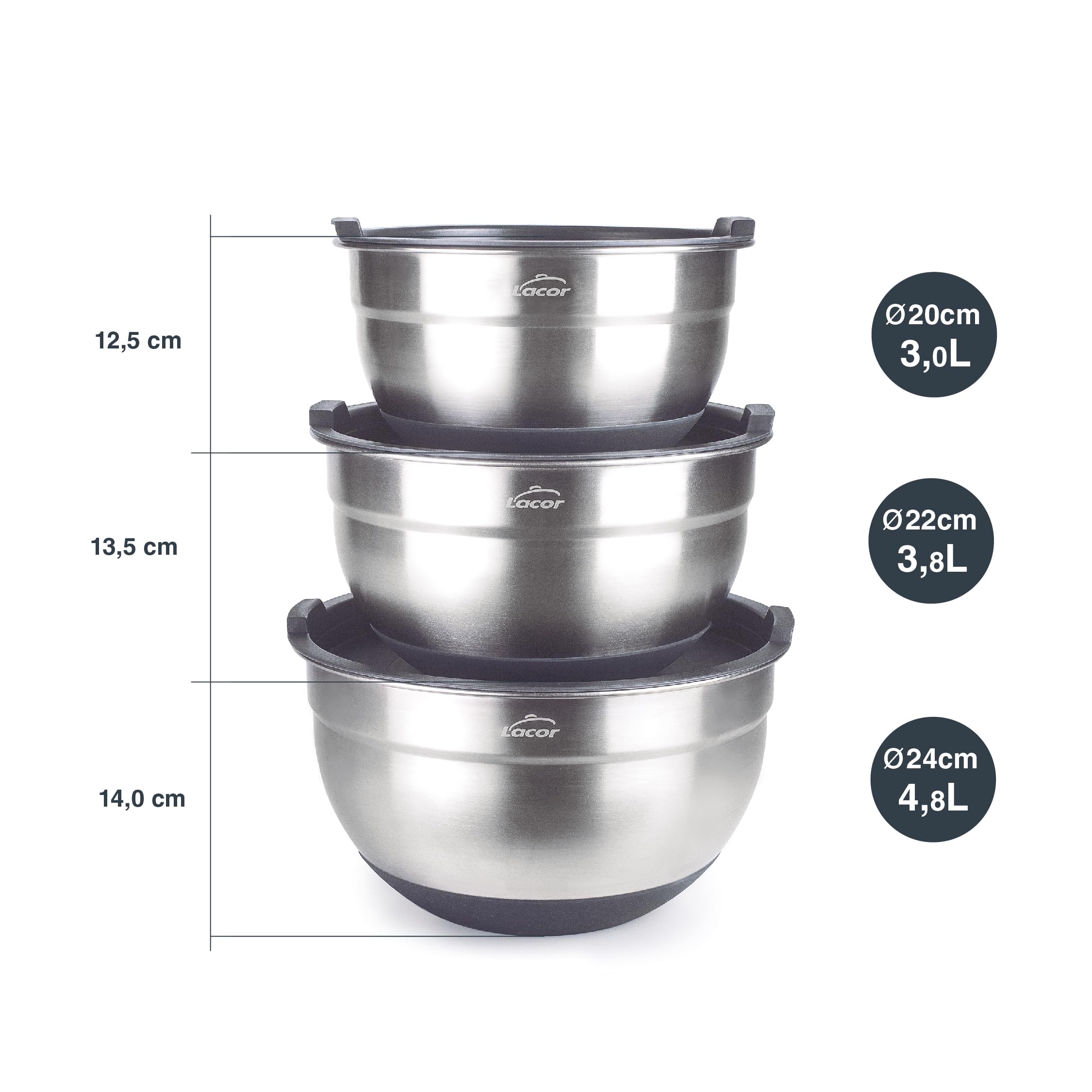 LACOR Set di 3 Ciotole in Acciaio Inox, Ciotole, Insalatiere, Contenitori per Alimenti, Include Coperchi, Impilabili, Dimensioni, 20 cm, 3 L, 22 cm, 3.8 L e 24 cm, 4,8 L, 60051
