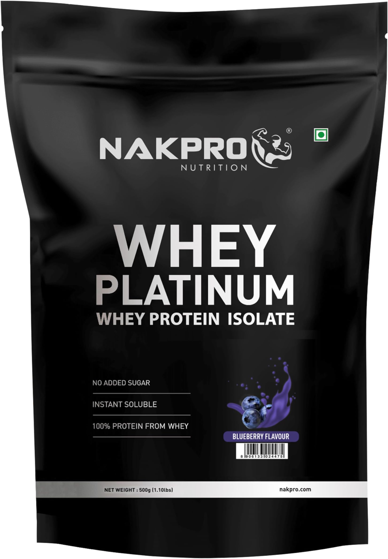 NAKPRO Platinum Whey Protein Isolate 500g Blueberry | 28g Protein, 6.4g BCAA | Trustified Certified 100% Authentic Supplement Powder & No Adulteration | Low Carbs, Fast Absorbing Whey Protein Powder
