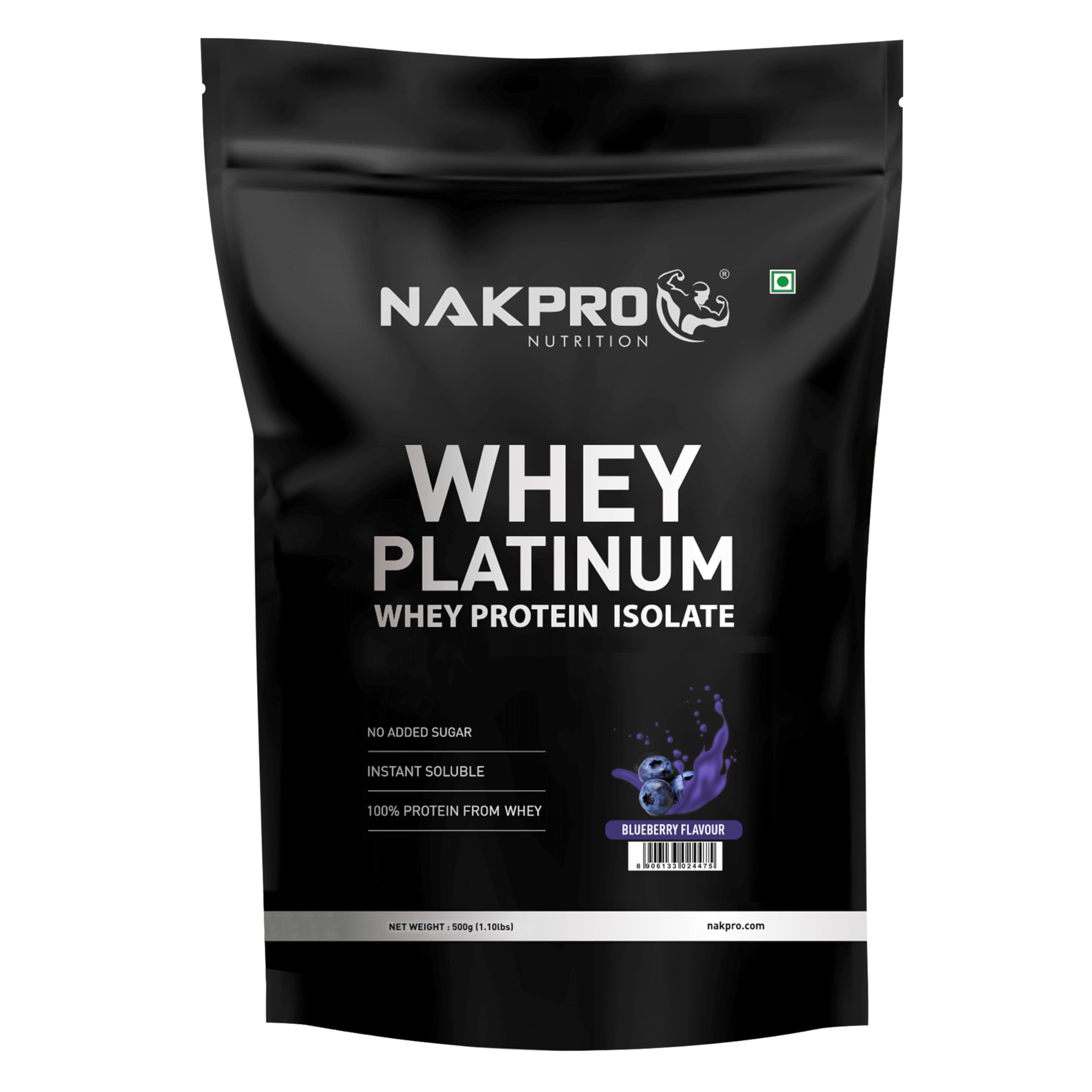 NAKPRO Platinum Whey Protein Isolate 500g Blueberry | 28g Protein, 6.4g BCAA | Trustified Certified 100% Authentic Supplement Powder & No Adulteration | Low Carbs, Fast Absorbing Whey Protein Powder