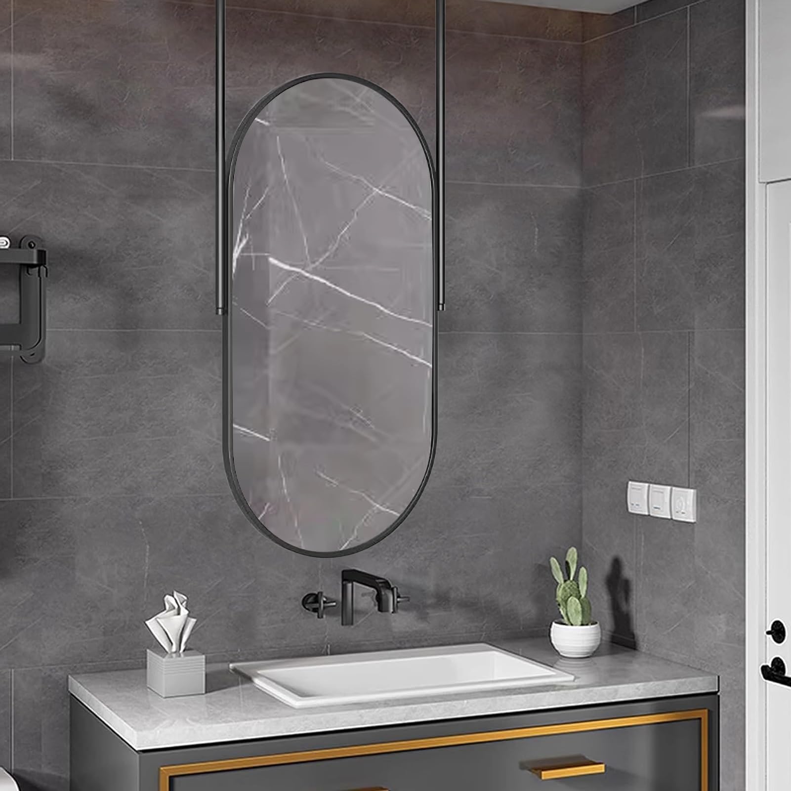 Miroir flottant moderne ovale à tiges suspendues pour décoration murale de salon