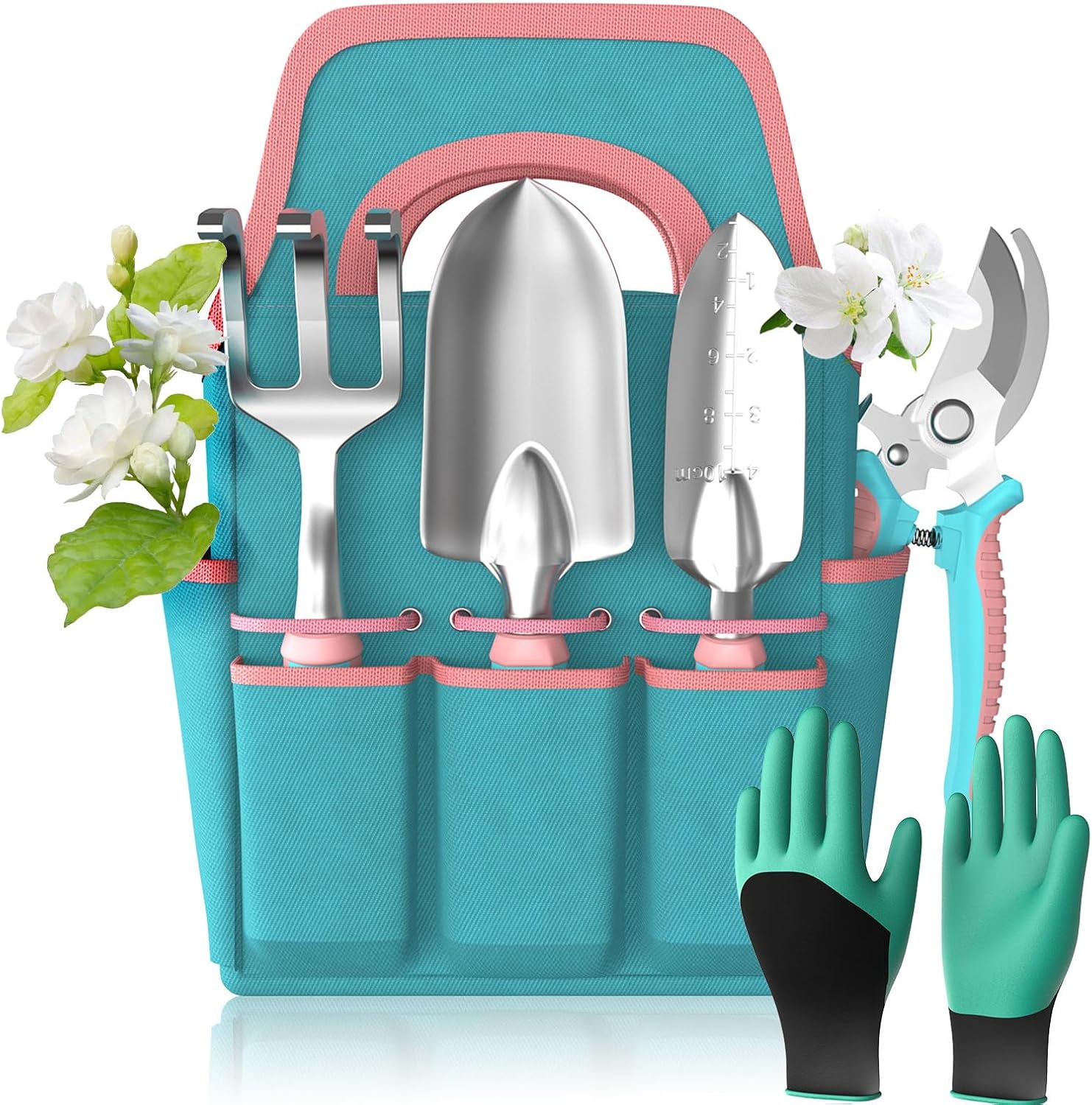 6 Piece Garden Tools Set, Aluminium Alloy Garden Hand Tools Starter Kit with Garden Bag, High Quality Outdoor Tool Set with Ergonomic Handle, Garden Gifts (Without Floral Pattern)