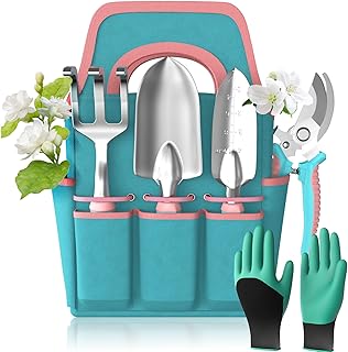 Kit de 6 ferramentas de jardinagem, ferramentas de mão em liga de alumínio com saco de jardim, conjunto de ferramentas robustas para exteriores com cabo ergonómico (sem estampado de flores)