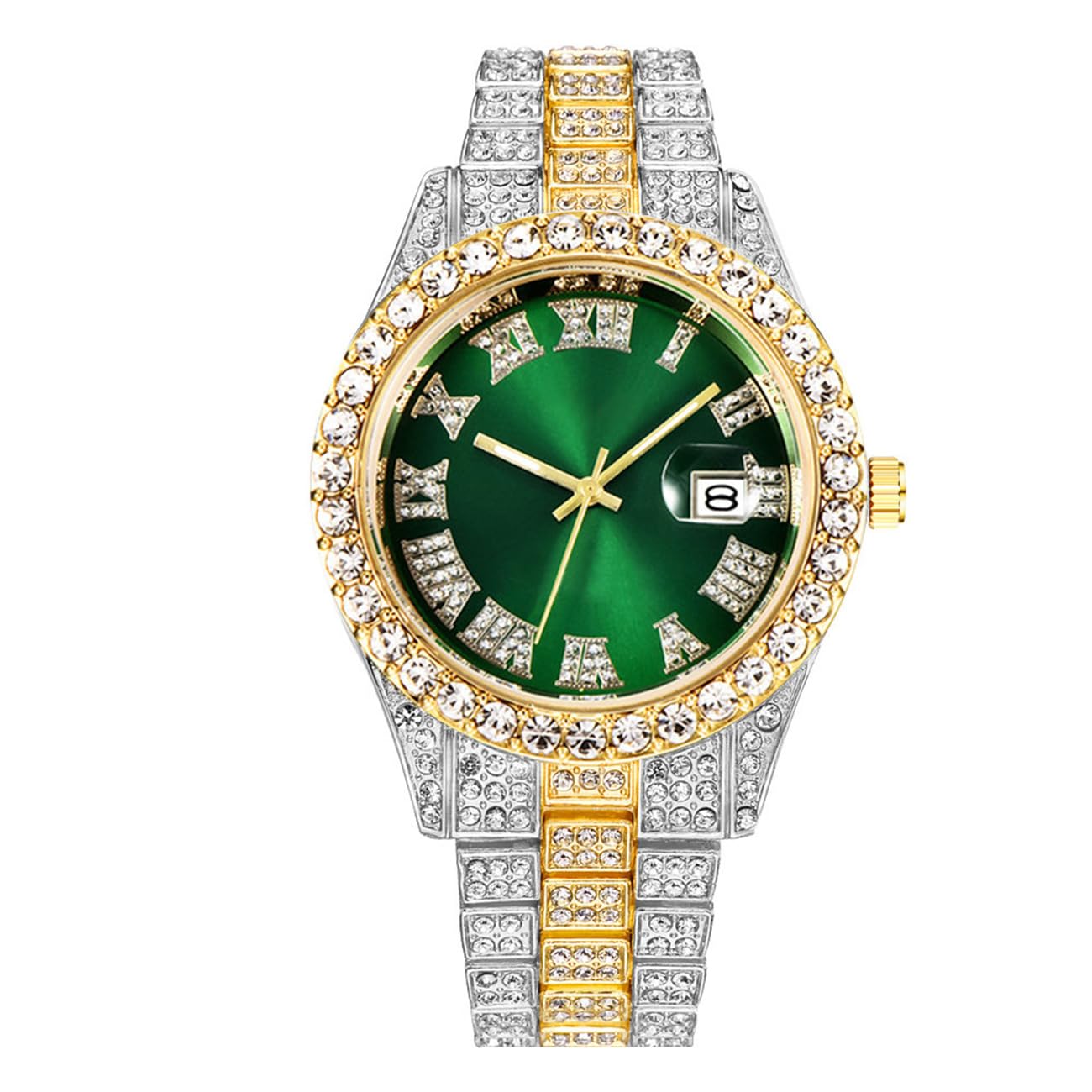 CdyBox Men Hip Hop Watch with Roman Scale Calendar Crystal Rhinestone Watches Stainless Steel Iced-Out Wrist Watch (Green)