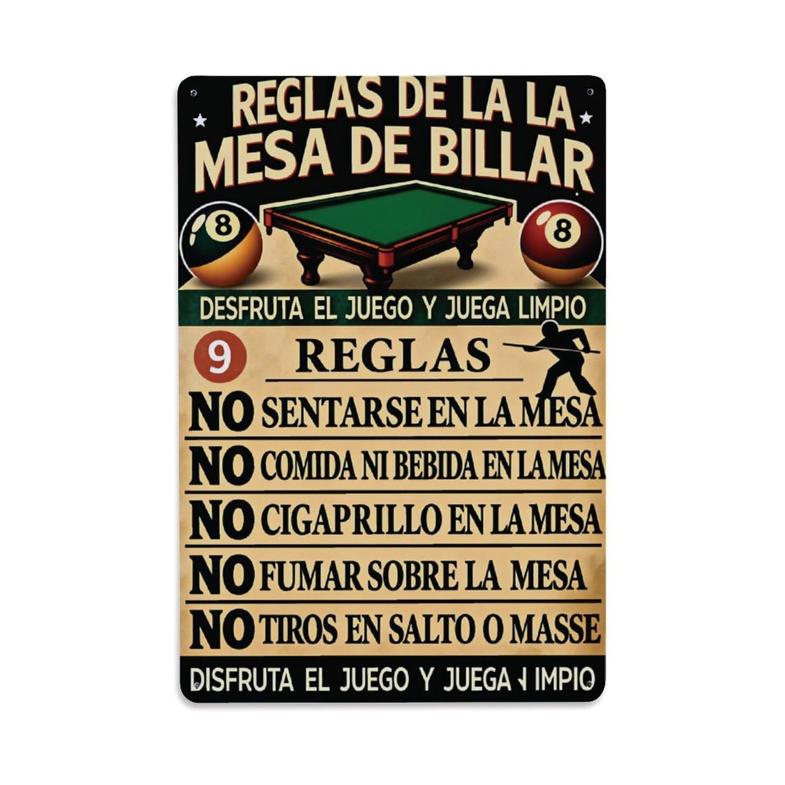 Vintage Spanish Billiard Table Rules Sign Vintage Aluminium Metal Sign, Retro Wall Decor for Home, Bar, Garage & Farmhouse 30x20cm