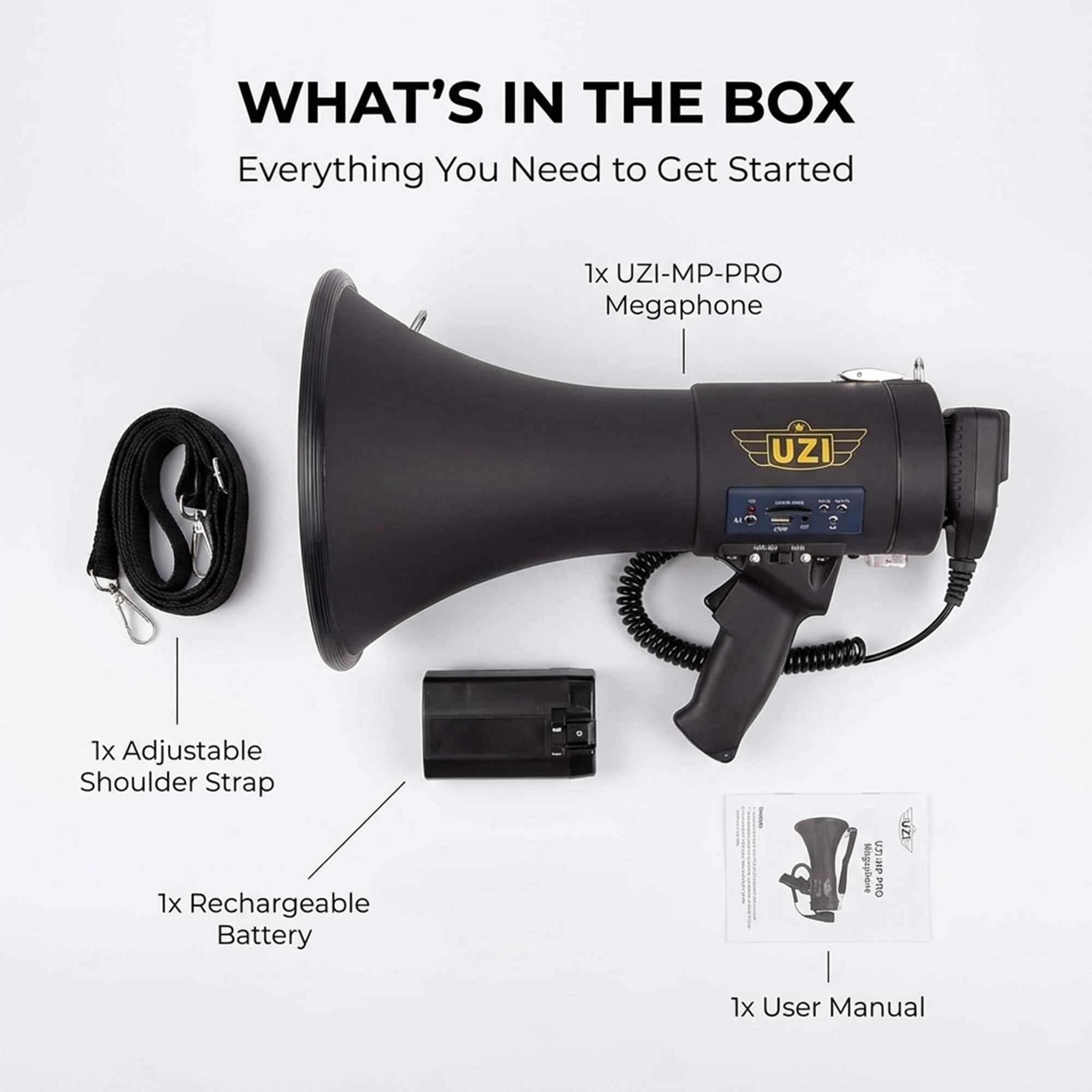 Uzi Mégaphone Bluetooth Haute Puissance 50 W, mégaphone Professionnel utilisé par Les Premiers intervenants, la Police et Les agences, Batterie Rechargeable, système de sonorisation, activités de