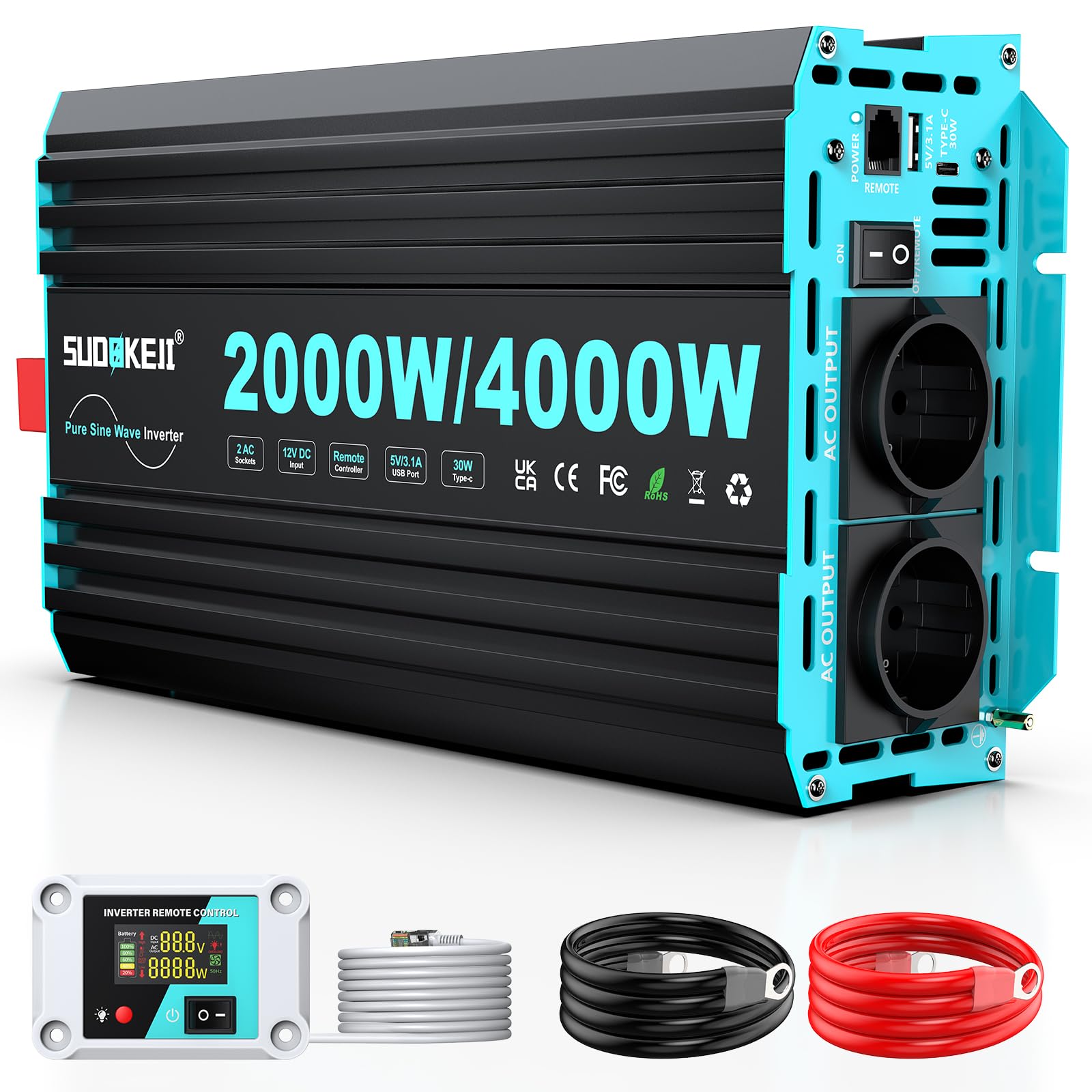 Onduleur 2000 W/4000 W À Onde Sinusoïdale Pure, Convertisseur De Tension 12 V À 230 V, avec Télécommande LCD, Ports USB Et Type-C, 2 Prises Secteur EU pour Panneaux Solaires, Véhicules Et Cam