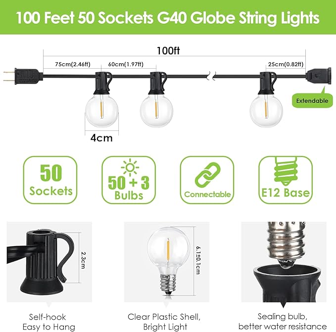 100Ft Luces de Cadena LED Exterior Regulables Impermeables miniatura 5