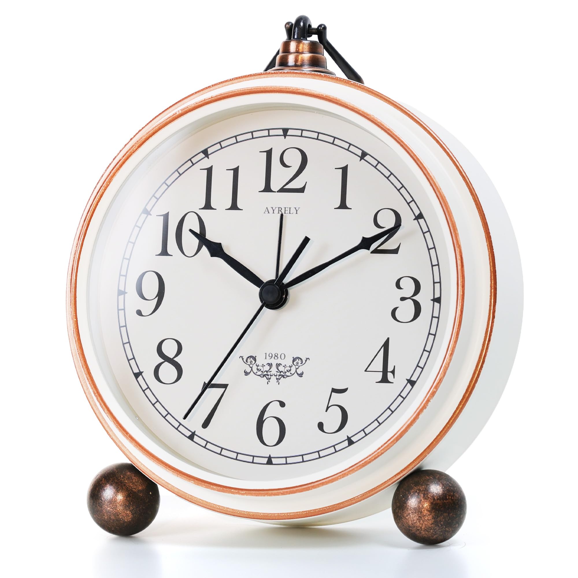 AYRELY® 5.3" Vintage Analogue Alarm Clock, Silent Battery Operated Metal Table Clock with Light, Retro Desk & Bedside Clock for Bedroom, Shelf or Living Room Décor (White)