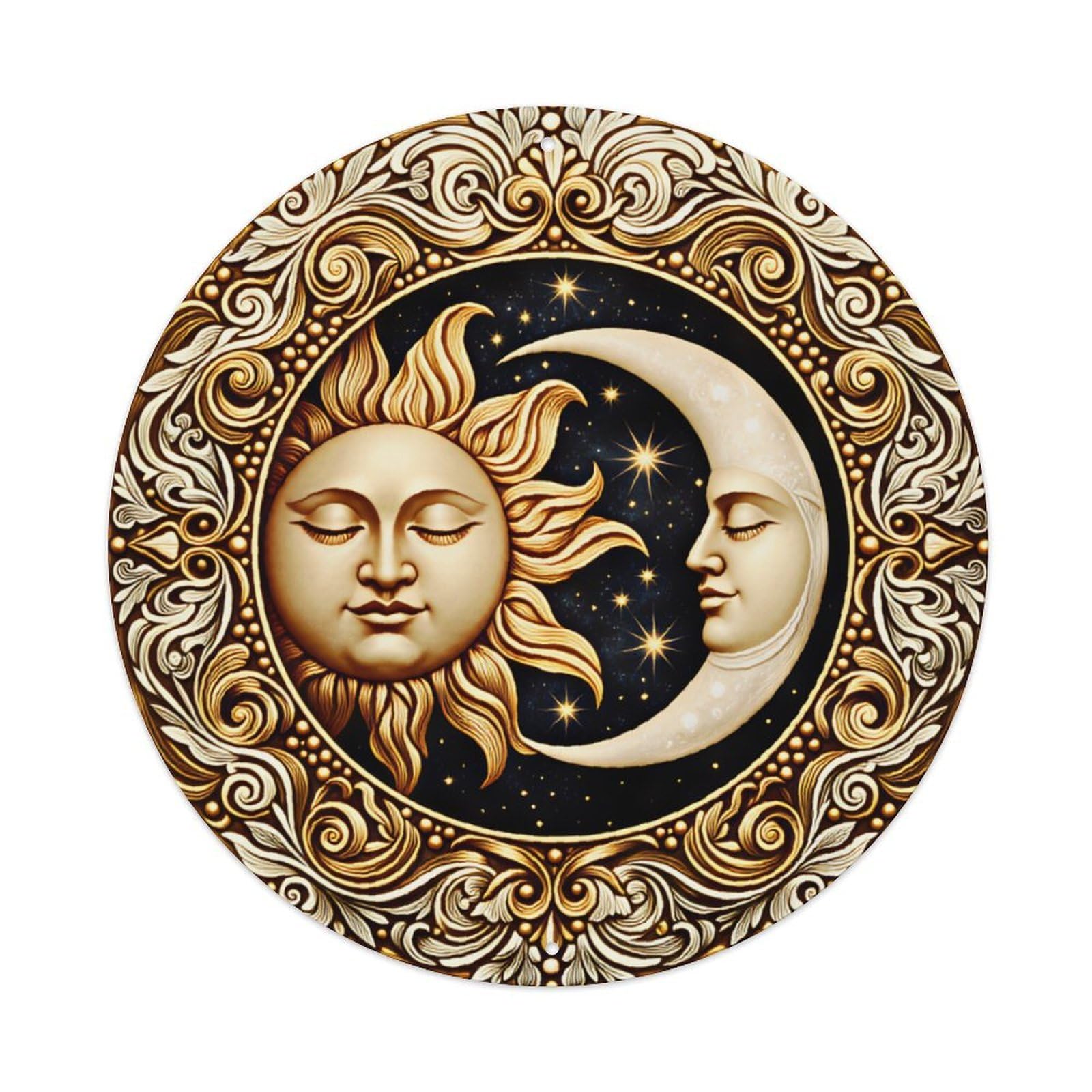 Ldfuieksufg Style Round Golden Vintage Sun Moon Face Ornate Decor Wall Plaque Vintage Aluminium Metal Sign, Retro Wall Decor For Home, Bar, Garage & Farmhouse 20X20cm