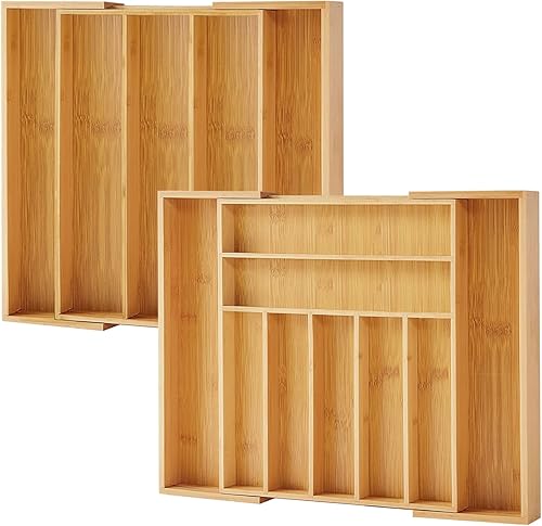 Miniatura 1 de Purawood Paquete de 2 organizadores de cubiertos de bambú de alta calidad organizador de cajones de cocina expandible y organizador de utensilios