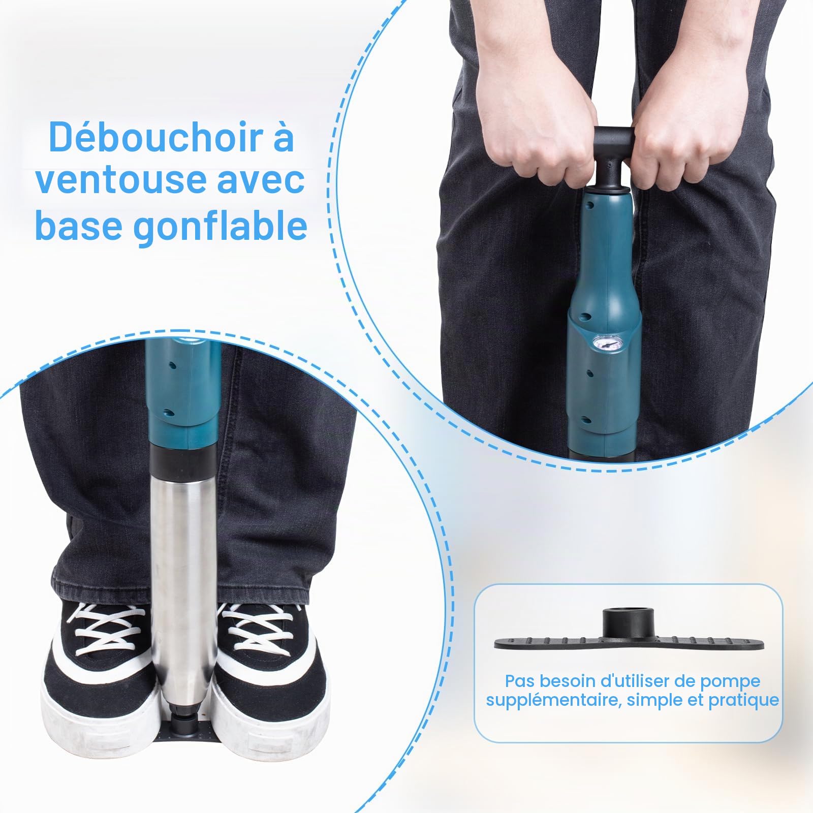 Déboucheur de canalisations à air comprimé, pompe avec indicateur de pression d'air, pompe de nettoyage de canalisations à air comprimé avec 4 ventouses, gants et pince à griffes, pour WC, toilettes