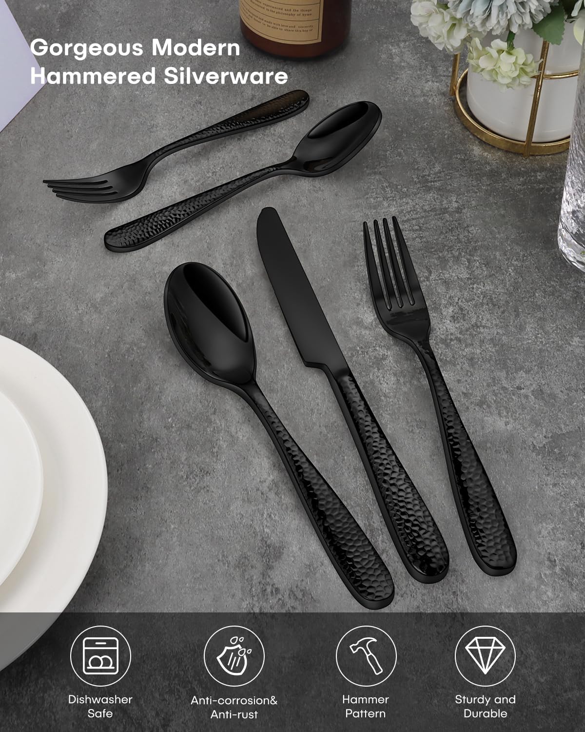 Hammered Silverware Set, Ollex 40-Piece Black Flatware Set for 8 Mirror Finish Stainless Steel Eating Utensils Sets Include Forks Spoons and Knives Tableware Kitchen Cutlery Sets, Dishwasher Safe