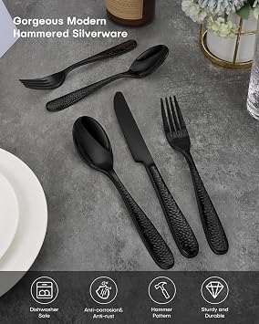 Black Silverware Set, Ollex 70PCS Hammered Flatware Set for 10 Stainless Steel Eating Utensils Sets Include Forks Spoons and Knives Tableware Kitchen Cutlery Sets, Mirror Finish & Dishwasher Safe