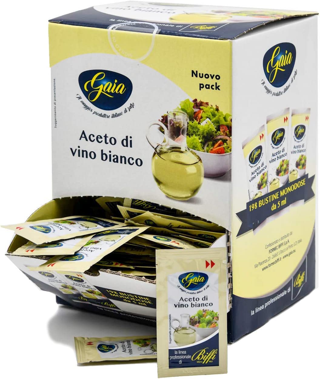 Gaia - New Linea Professionale Biffi - Aceto di Vino Bianco - 198 Bustine Monodose da 5 ml - Ristorazione, Catering, Maxi Formato, Condimenti