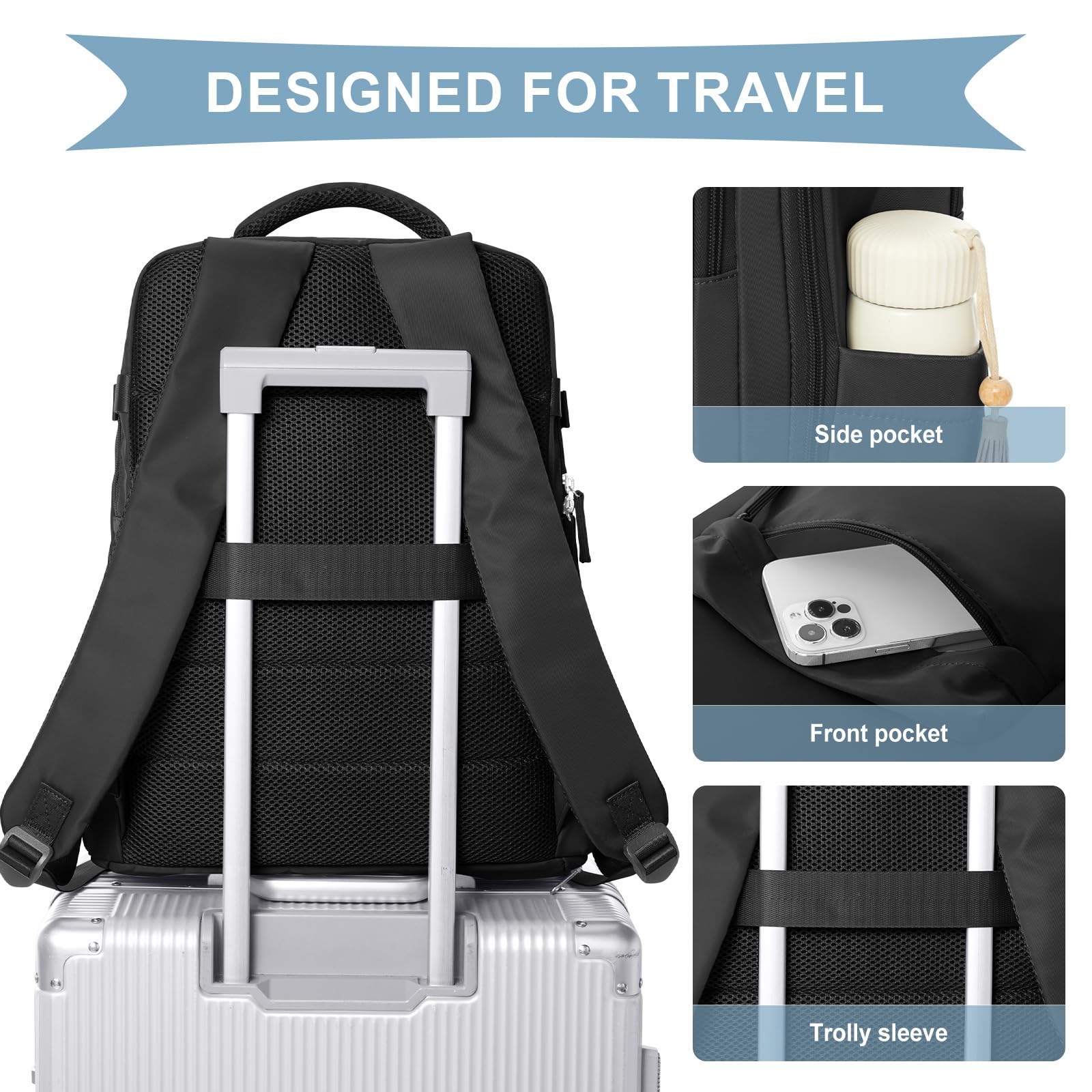 Cabin Bags for Travel, Underseat Carry-ons Bag for Women, Hand Luggage Bag Men Travel Backpack Cabin Size Fit 14 inch Laptop backpack Lightweight Version Black — view 5
