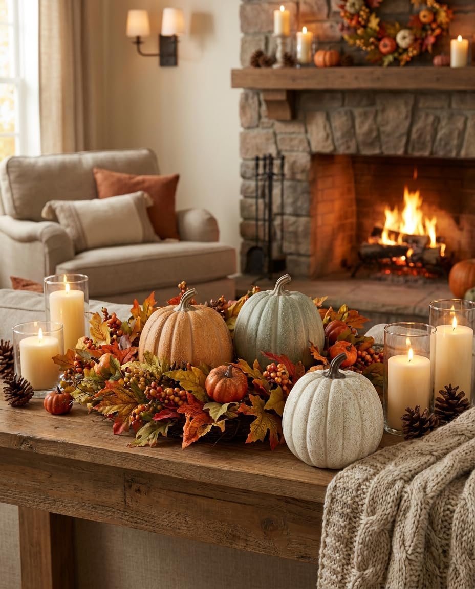 3-Pack Decorative Resin Fall Pumpkins for Autumn Decor (Orange Green Cream)