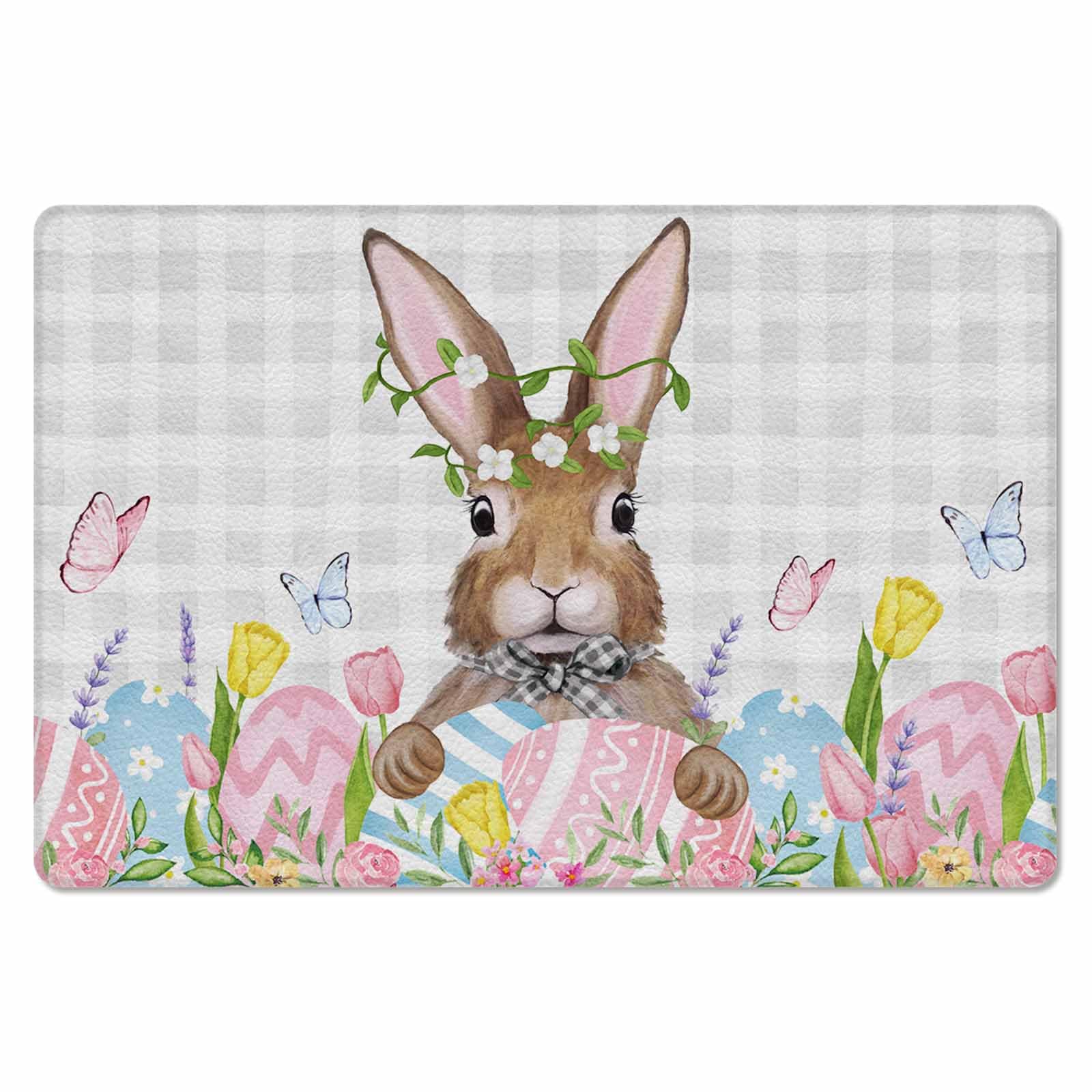 Easter Rabbits Kitchen Bath Door Mat Cushioned Runner Rug,Washable Welcome Floor Sink Antifatigue Mat,Waterproof & Non-Slip Comfort Standing Doormat,Spring Bunny Flower Easter Egg Gray Plaid 18