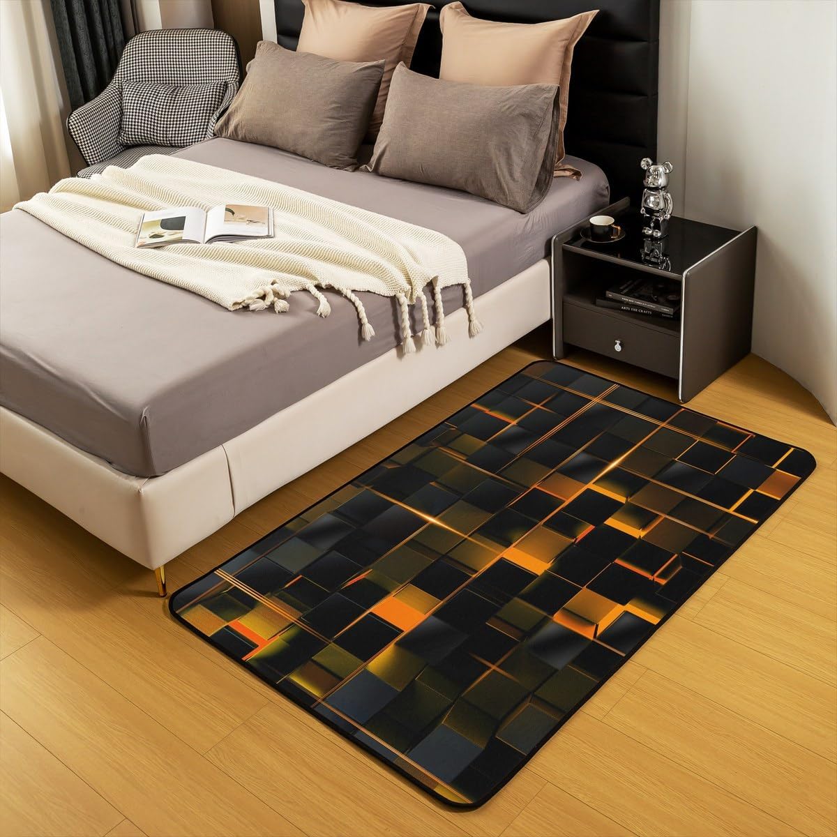 Erosebridal Stereoscopic Neon Area Rug 3x5,Orange Black Neon Lights Carpet for Kids Teens Adult, Modern Abstract Square Rug Geometric Grid Accent Rug image 3