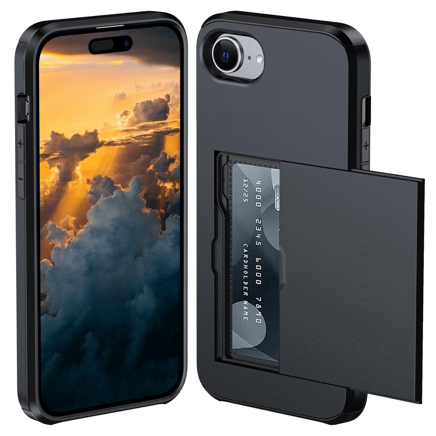 対応 iPhone 16e / iPhone 17e 用 ケース カード収納 背面 米軍MIL規格 耐衝撃 アイフォン16e/アイフォン17e ケース ICカード収納 落下防止 全面保護 指紋防止 滑り止め 擦り傷防止 ブラック