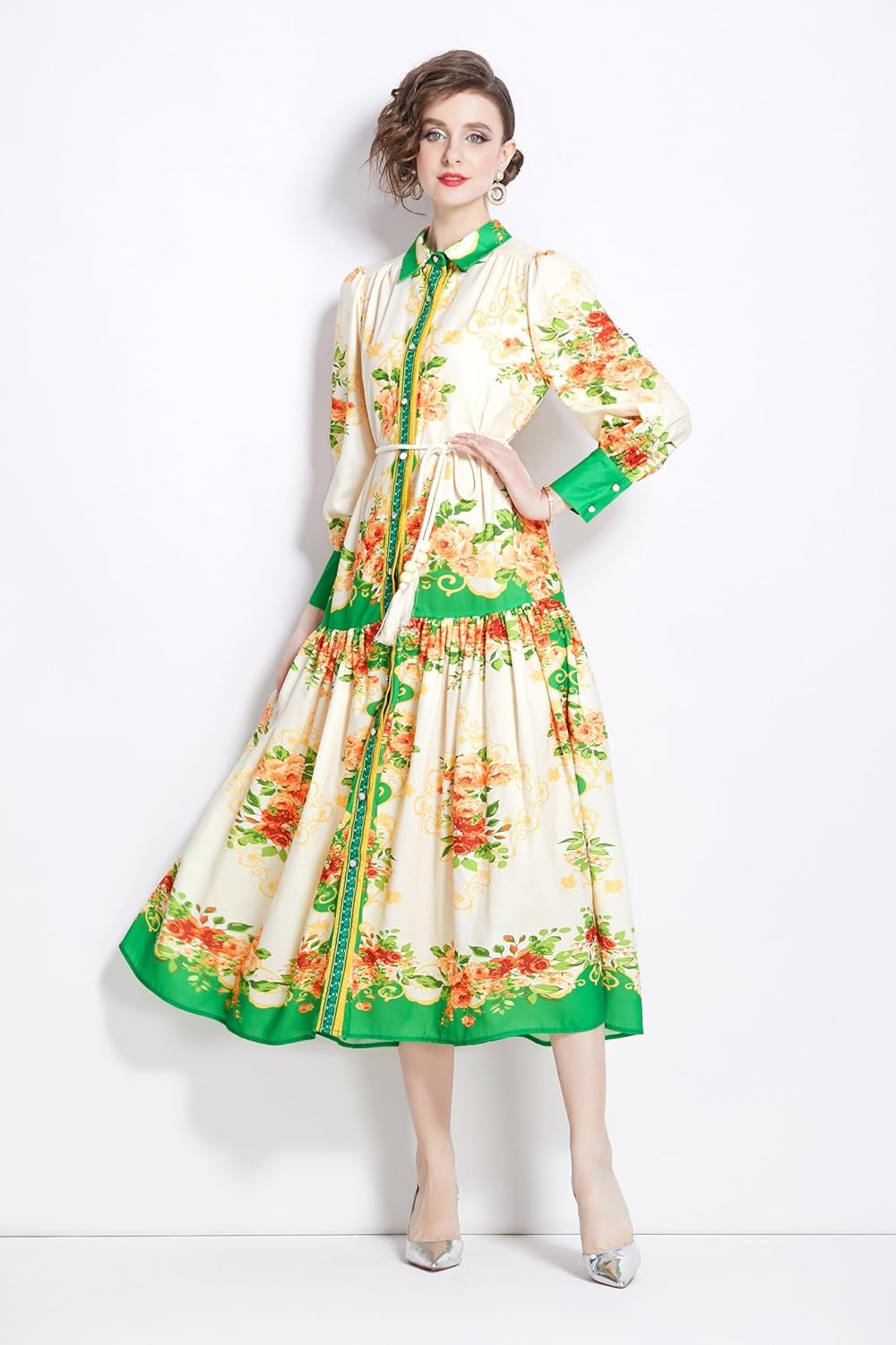 LAI MENG FIVE CATS Women's Floral Print Collared Neck Casual Button Up Maxi Dress - Image 5