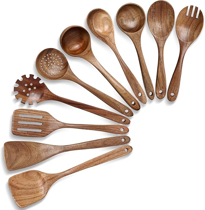 HAKSEN Wooden Spoons for Cooking, 10PCS Natural Acacia Wood Kitchen Utensils Set, Wooden Utensil Set for Nonstick Cookware, Smooth Finish, Sturdy & Durable