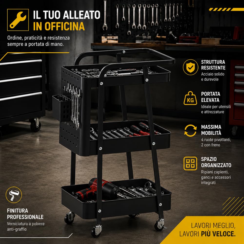 Carrello da Officina Portatile con Ruote Piroettanti in Acciaio Verniciato, Carrellino Salvaspazio 3 Ripiani da Lavoro per Attrezzi con Ganci e Portaoggetti, Organizer per Garage, Nero