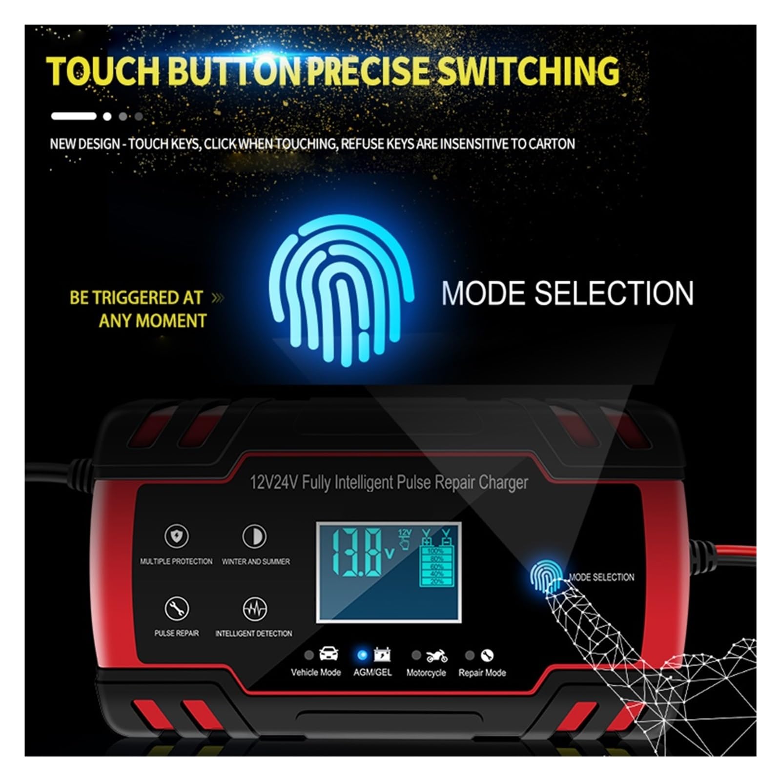 Chargeur De Batterie Voiture Réparation Rouge 12V 24V 8A Impulsion Automatique Intelligente for La Décoration Pièces Personnelles en Plein Air Charge De PréCision(Red)